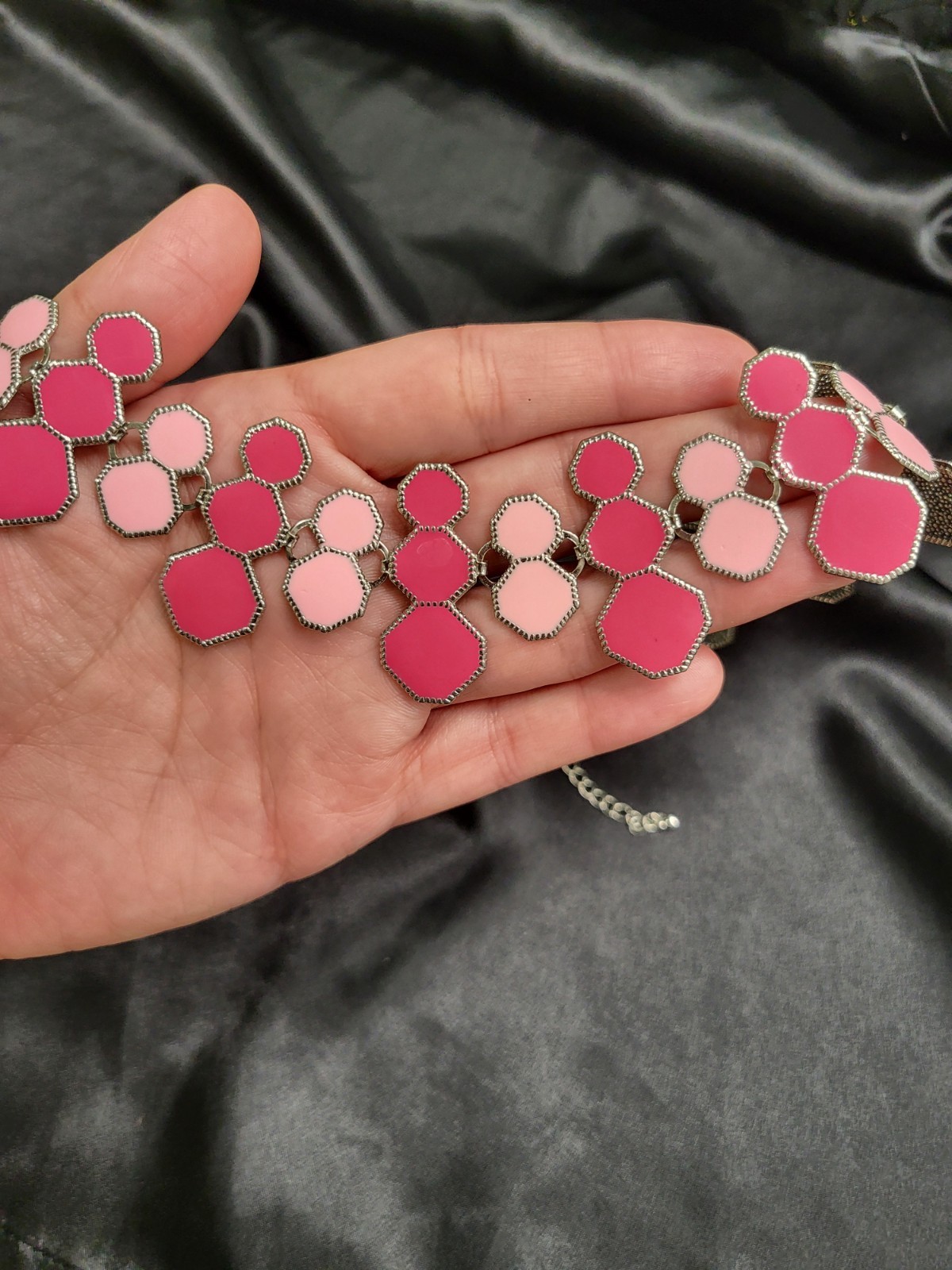 Chico’s Statement Necklace Pink Geometric Enamel Mosaic Chunky Choker Adjustable