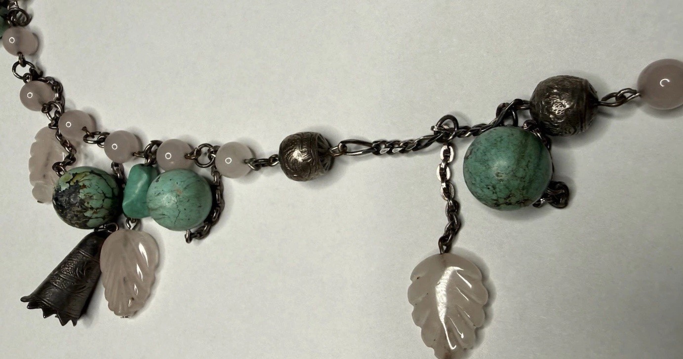 Artisan Turquoise Color Pink Leaf Charm Lariat Necklace Silver Tone Repair