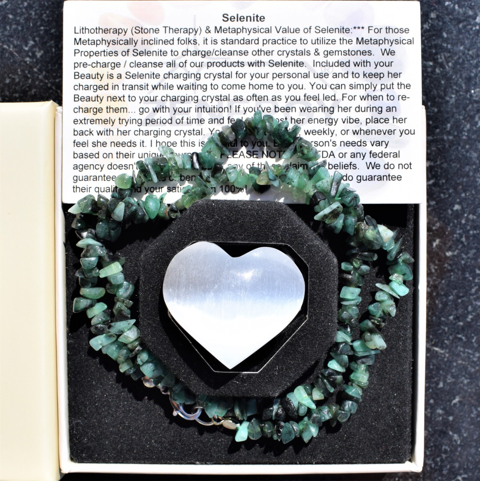 CHARGED Premium Malachite Crystal Chip 18″ Necklace + Baby Selenite Puffy Heart