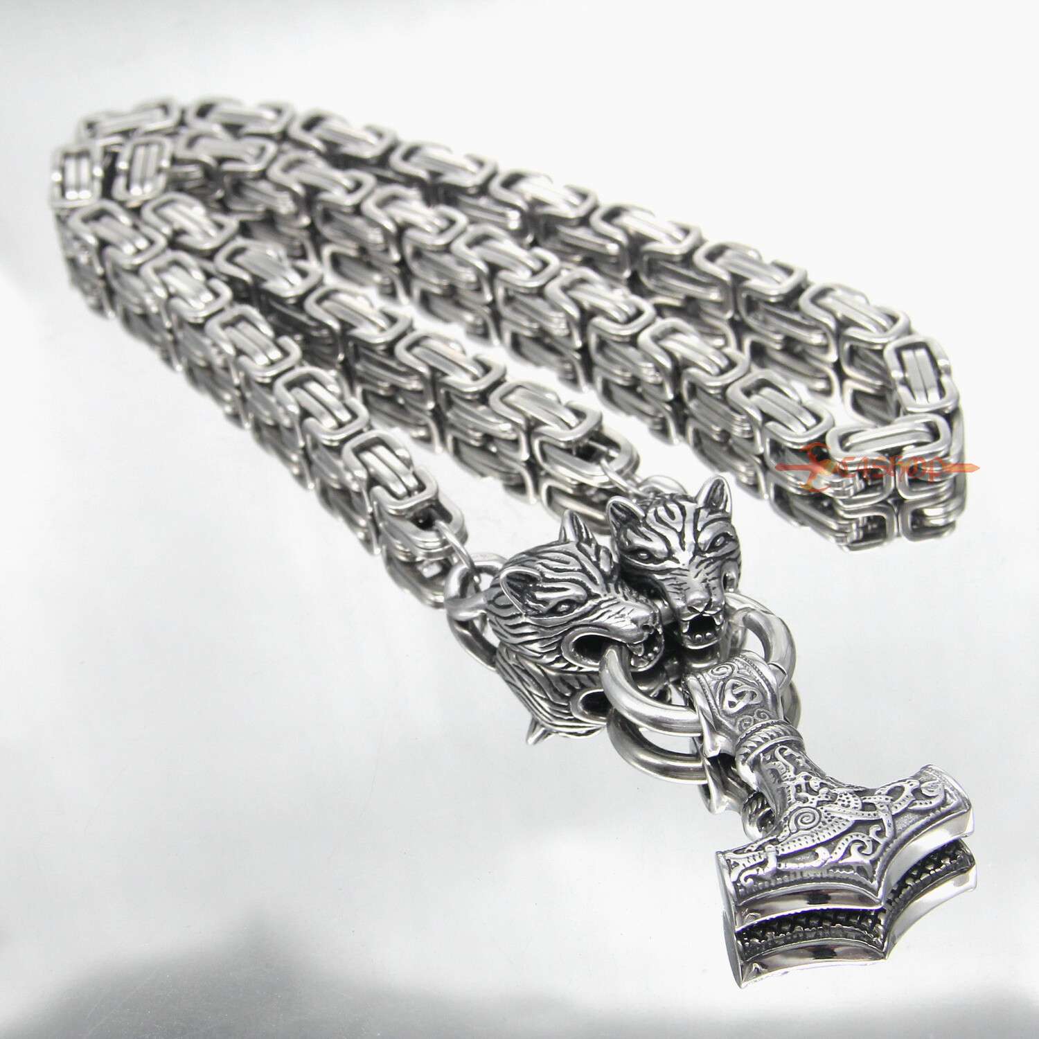 Men’s Wolf Head Thors Hammer Mjolnir Vikings Pendant Necklace 5/8mm King’s Chain