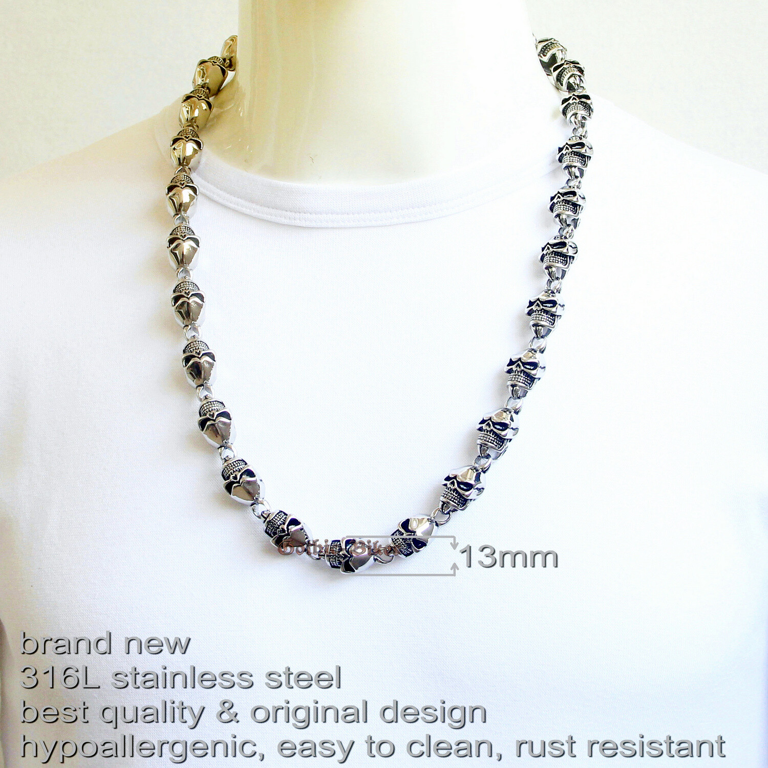 Heavy Mens Skull Bead Link Necklace Chain Biker Rocker Stainless Steel Jewelry