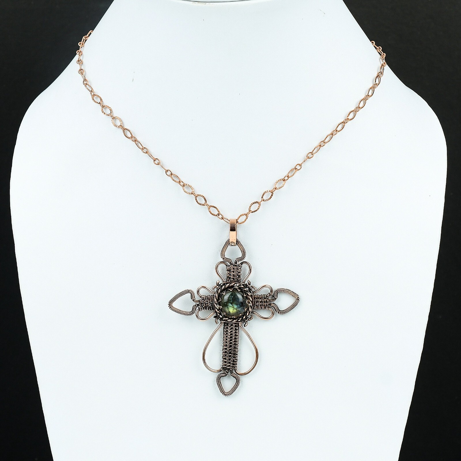 Labradorite Wire Wrapped Cross Pendant Handcrafted Copper Ethnic Gift 3.19″