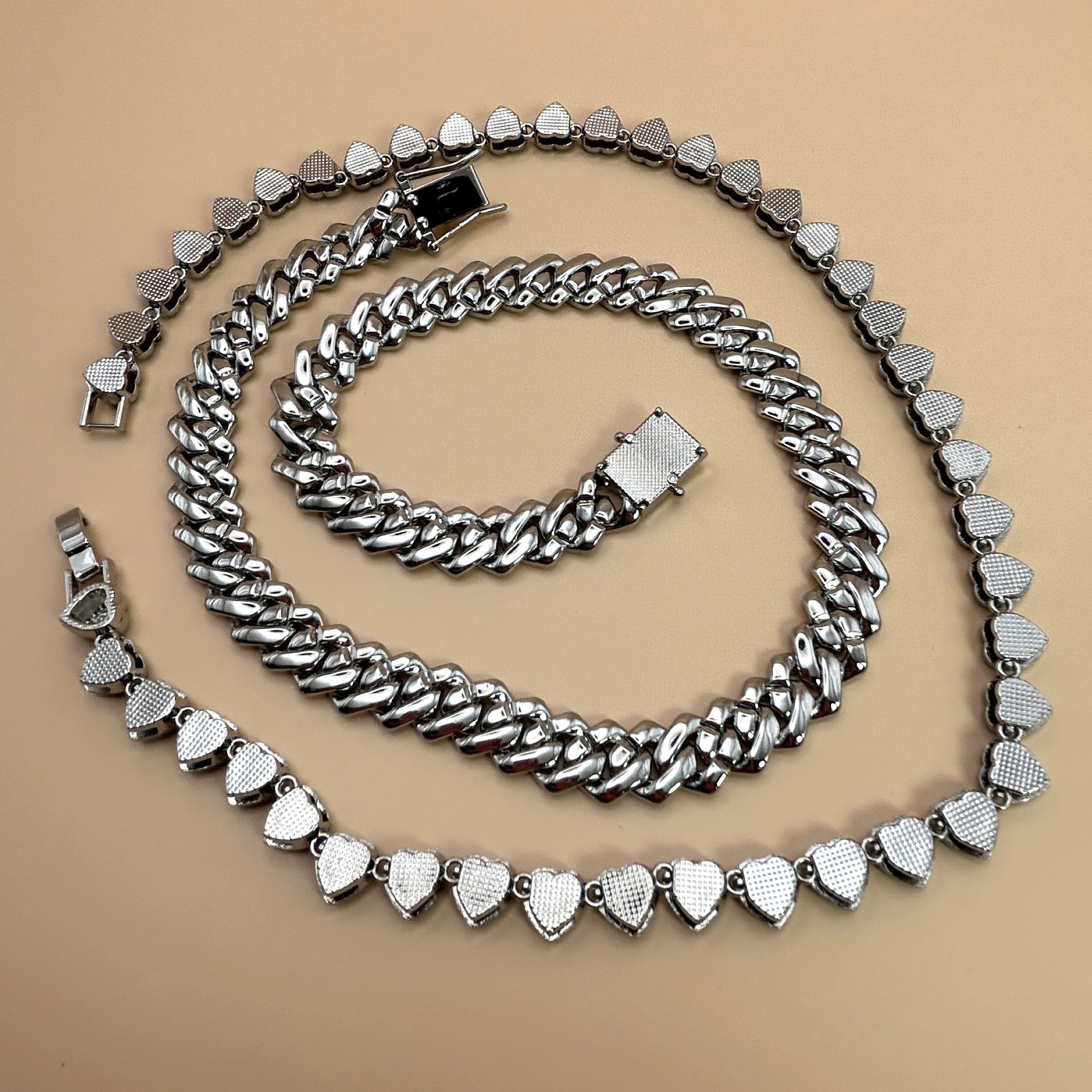 Blue Rhinestone Cuban Link & Heart Chain Necklace Set Statement Jewelry