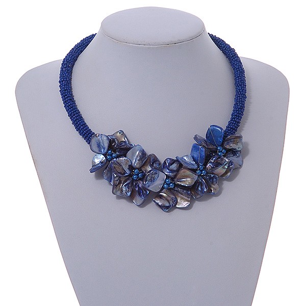 Stunning Glass Bead with Shell Floral Motif Necklace In Blue – 48cm Long