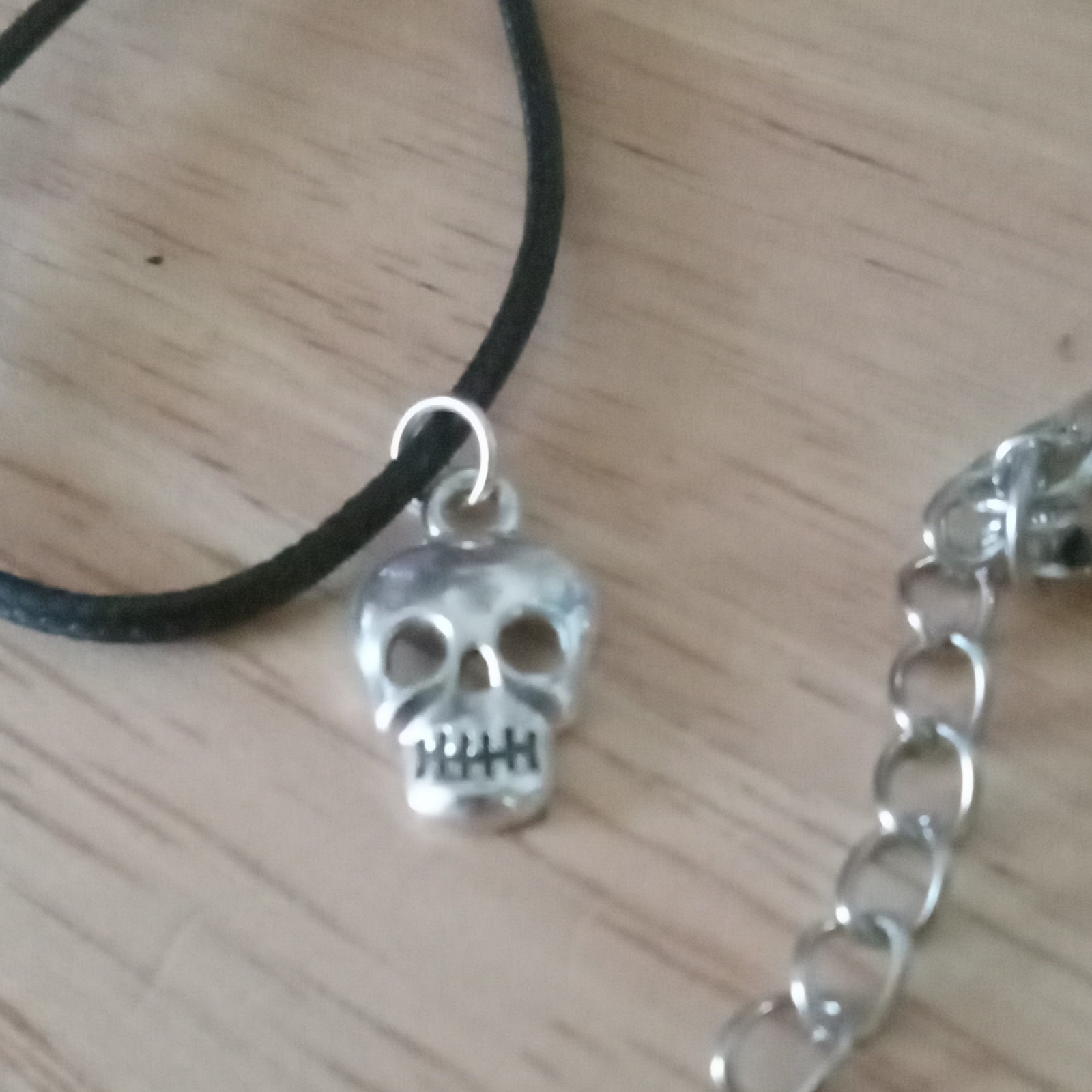 Black Cord Necklace Silver Tone Skull Charm Pendant Adjustable Lobster Closure