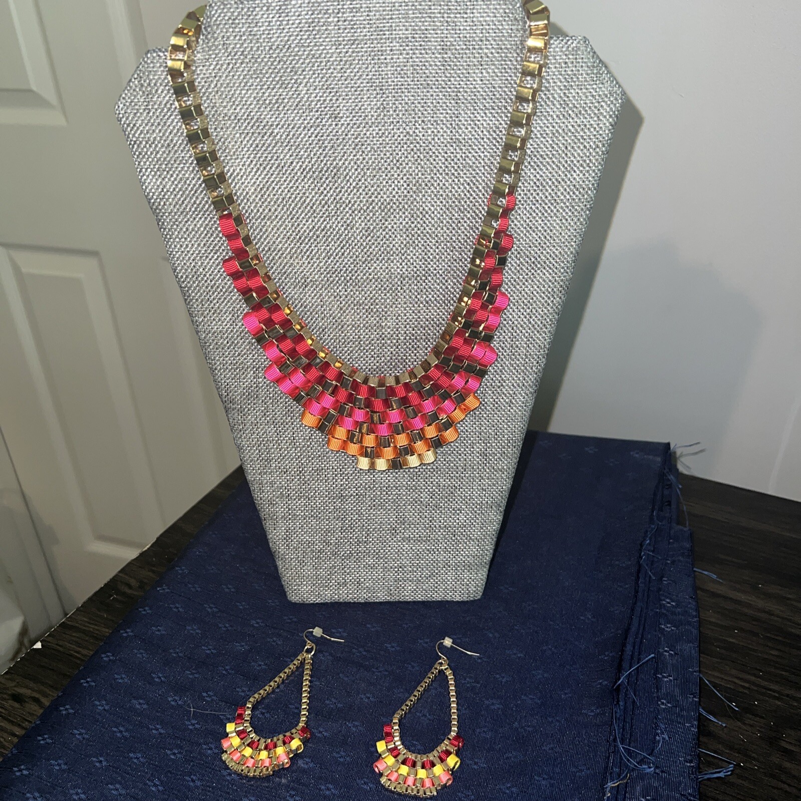 mark. By Avon Weave it to Me Necklace Choker or Bib Fabric & Goldtone & Earrings