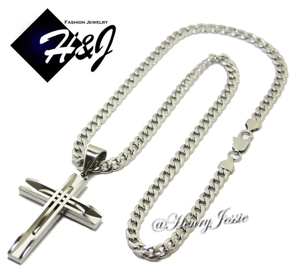 24″MEN’s Stainless Steel 6mm Silver Cuban Curb Chain Necklace Cross Pendant*A