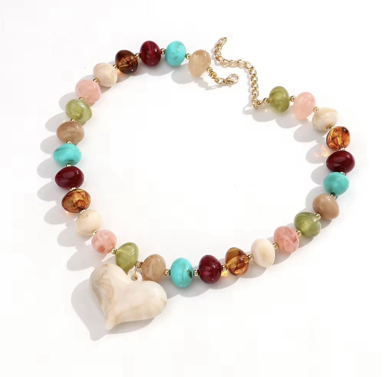 Colorful Resin Beaded Necklace Oval Beads Summer Jewelry Acrylic Heart Pendant