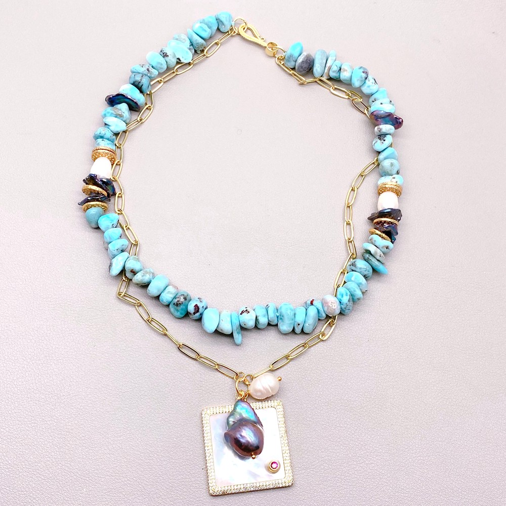 Blue Larimar Chain Choker Necklace White Sea Shell Black Baroque Pearl Pendant