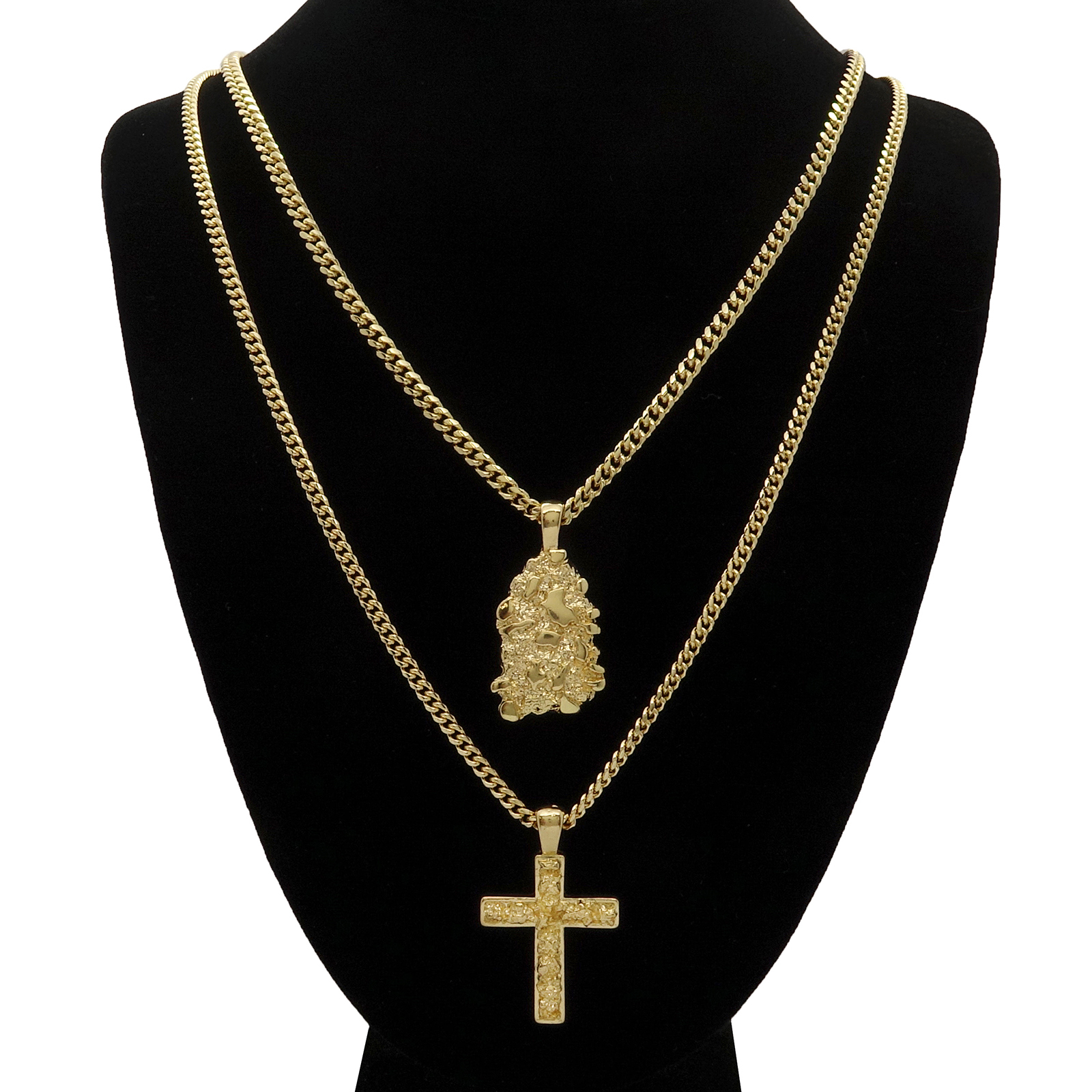 Men’s 14k Gold Plated High Fashion 2 pc Nugget & Cross 3mm 30″ & 24″ Cuban Chain