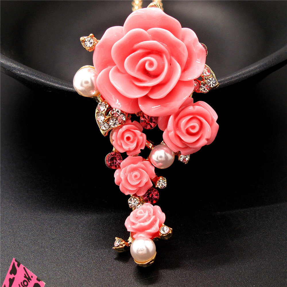Fashion Women Pink Acrylic Resin Pearl Rose Crystal Pendant Chain Necklace