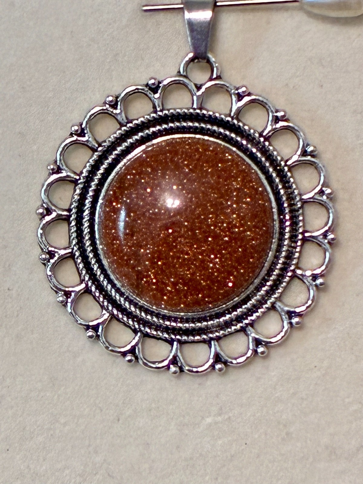 Vintage Style Goldstone Cabochon Pendant Silver Tone Ornate Round Setting Brown