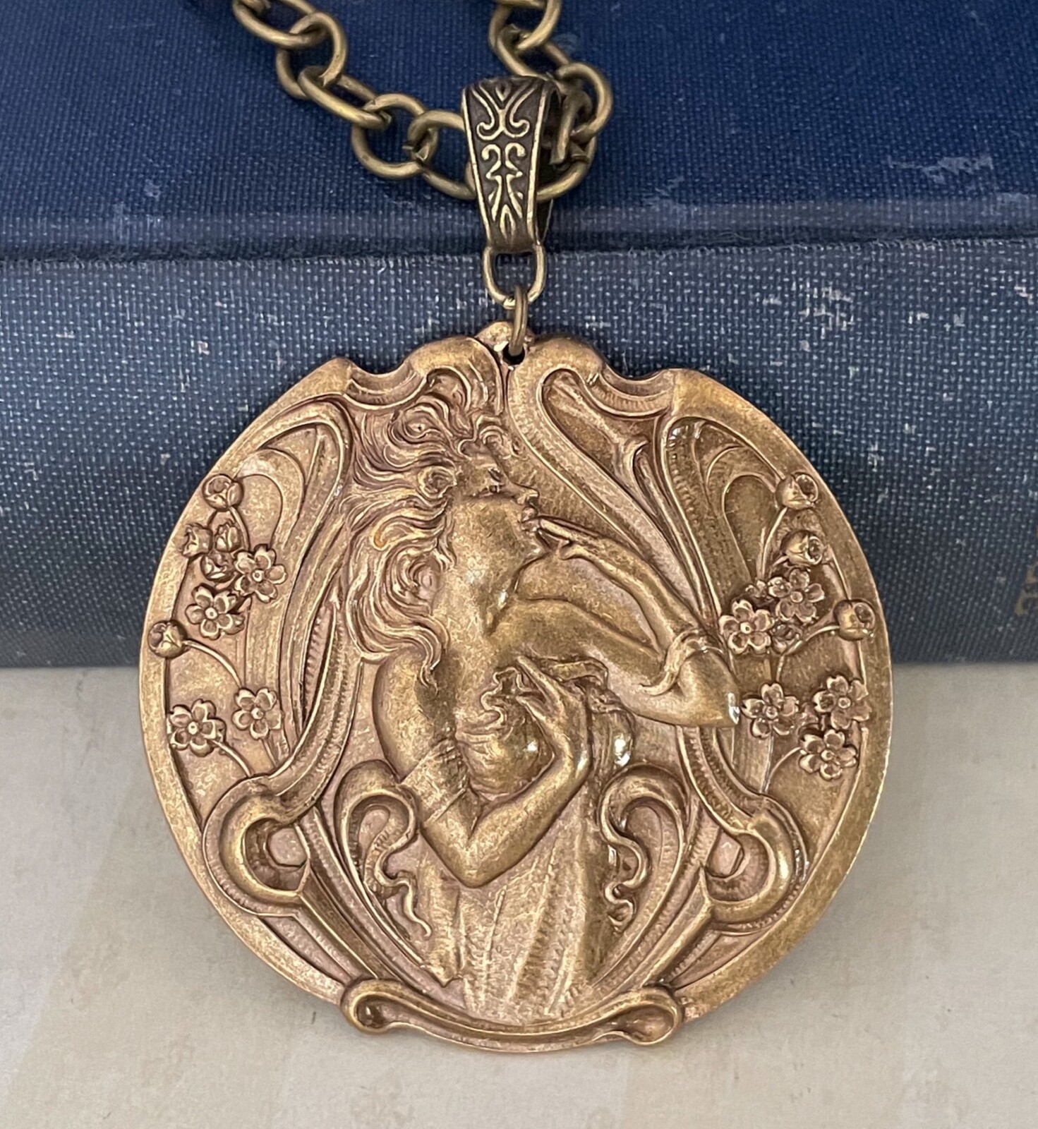 Freya Necklace Art Nouveau Goddess Huge Brass Pendant Art Nouveau Jewelry