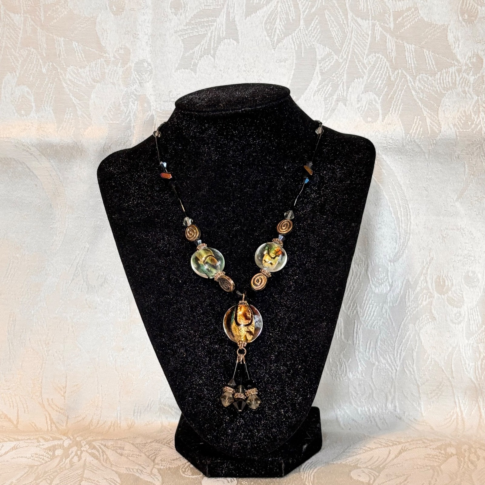 YOU + I necklace multicolor foiled glass metal beads wire chain vintage style