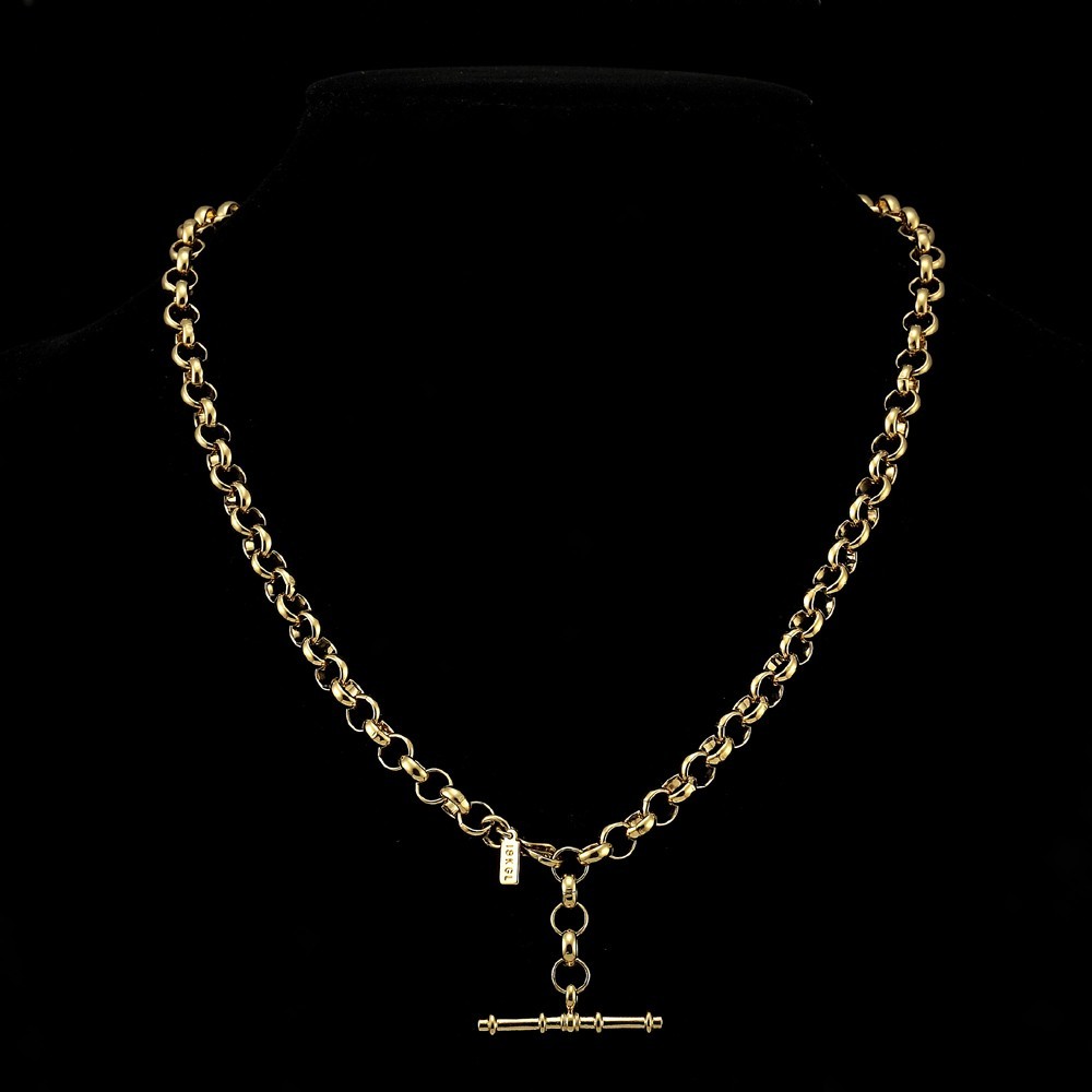 18K GL Solid Rolo Belcher Chain Yellow Gold Necklace with Antique Style T Bar