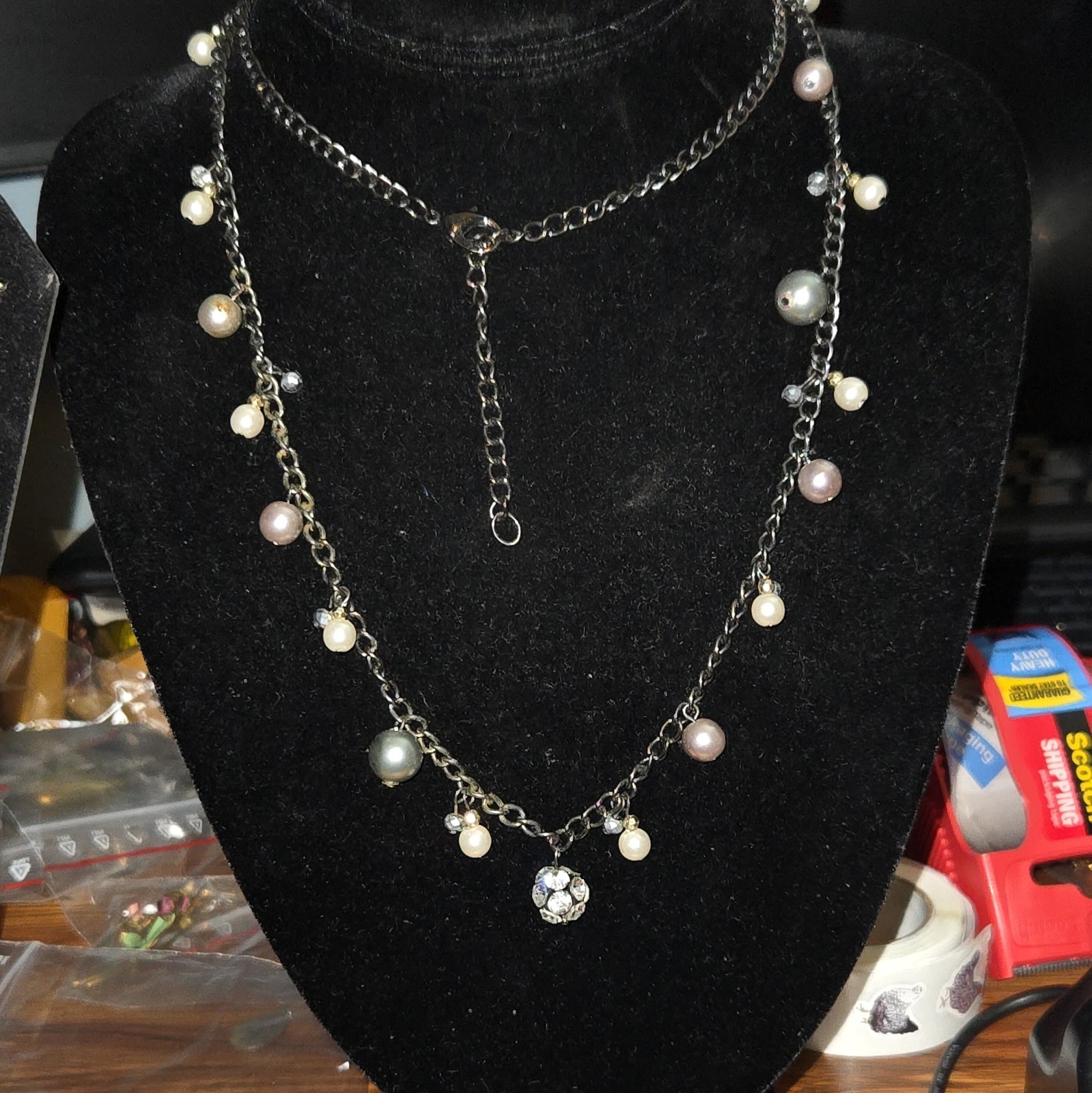 Silver Tone Cable Chain Necklace Faux Pearl Dangles Round Rhinestone Charm