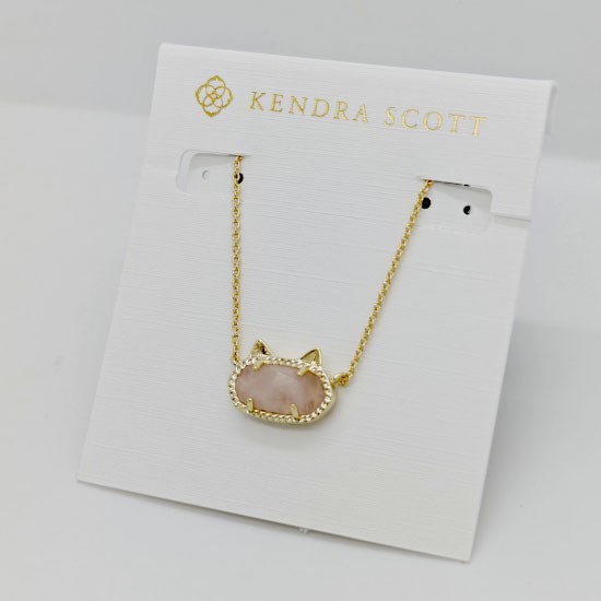 New Kendra Scott Elisa Gold Cat Kitty Pendant Necklace In Pink Quartz