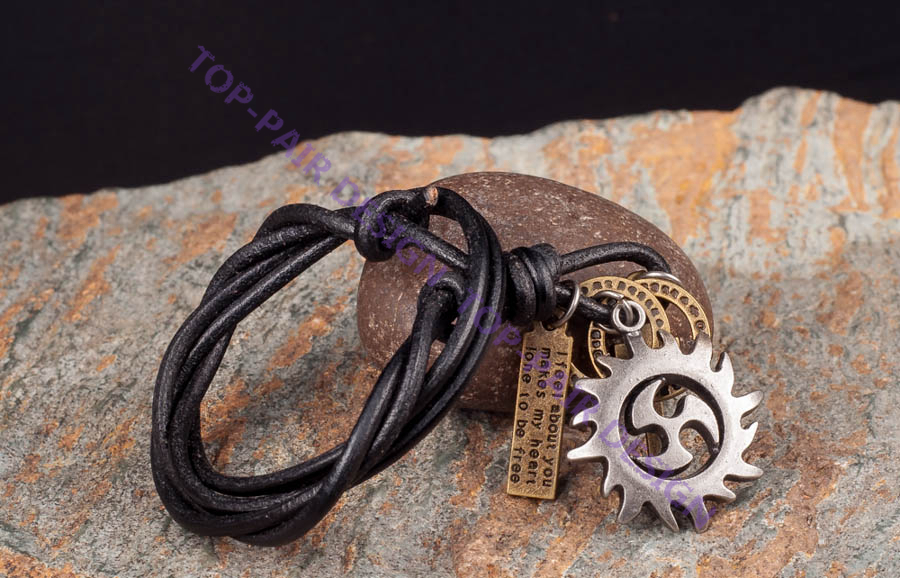 Adjustable Black Fire Sun Pendant Men’s Genuine Leather Cord Collar Necklace