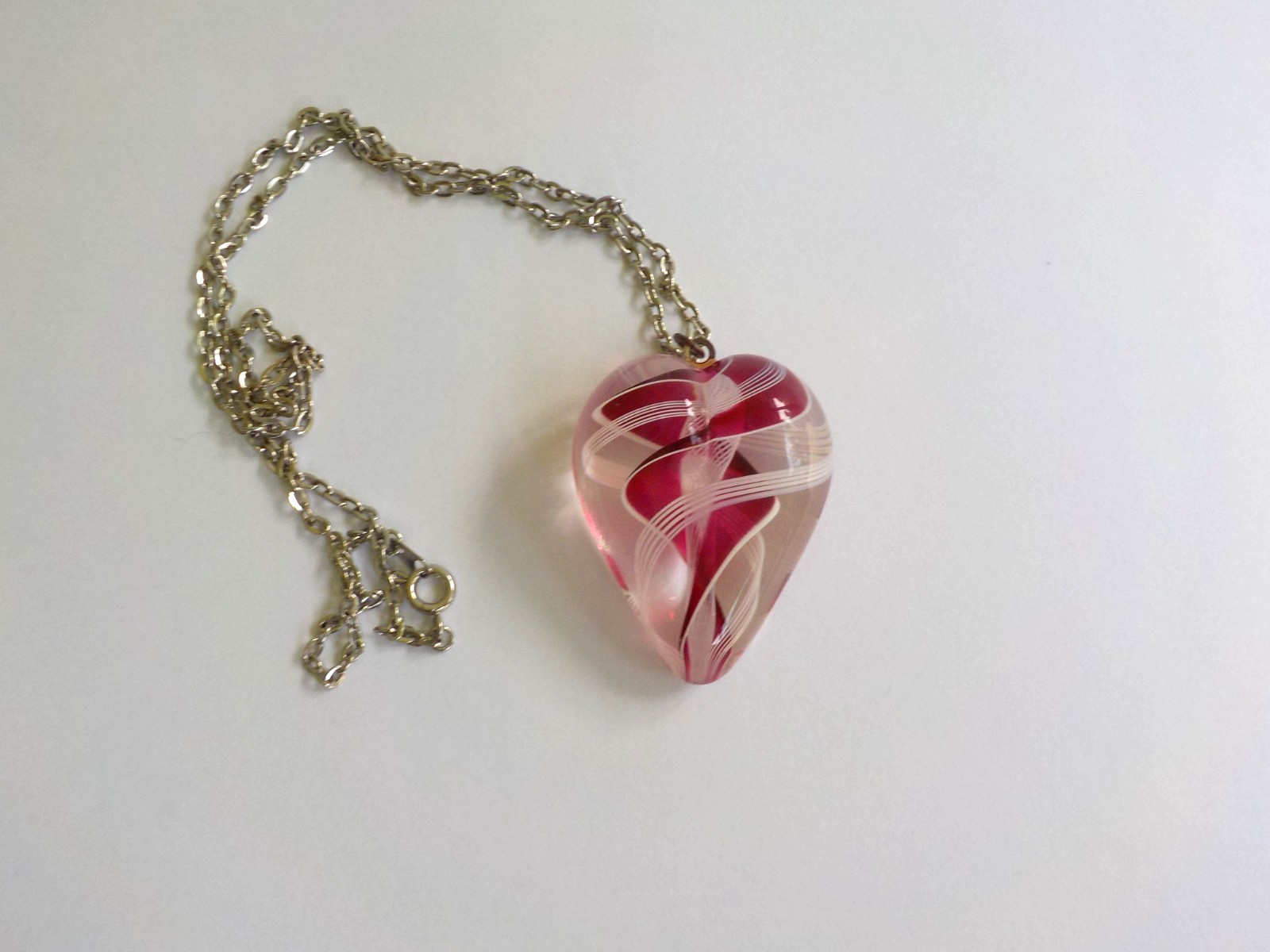 Heart Art Glass Necklace Red White Swirl Silver Tone Metal Pendant Heavy