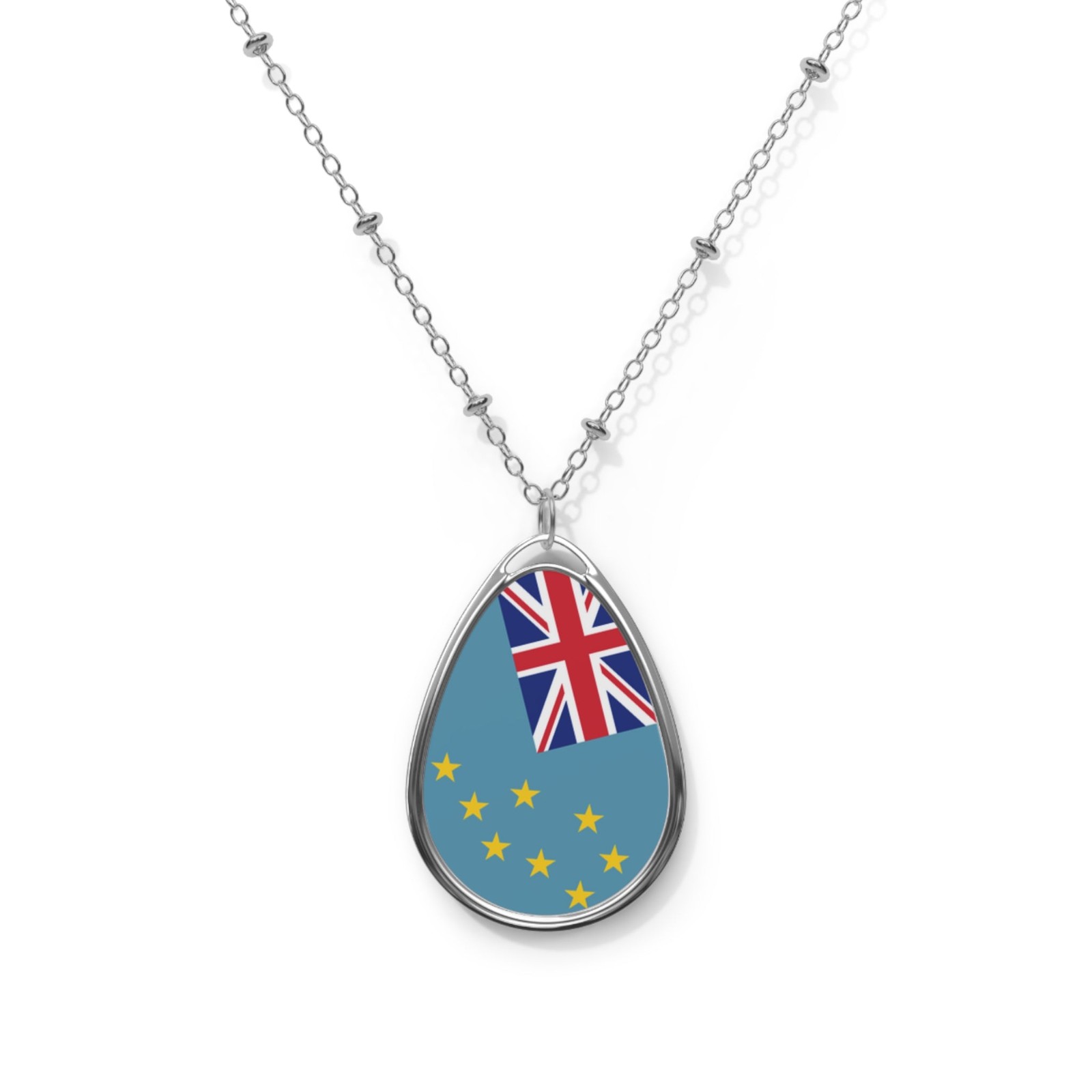Tuvalu Flag Oval Necklace – Zinc Alloy Heritage Pendant – One Size / Silver