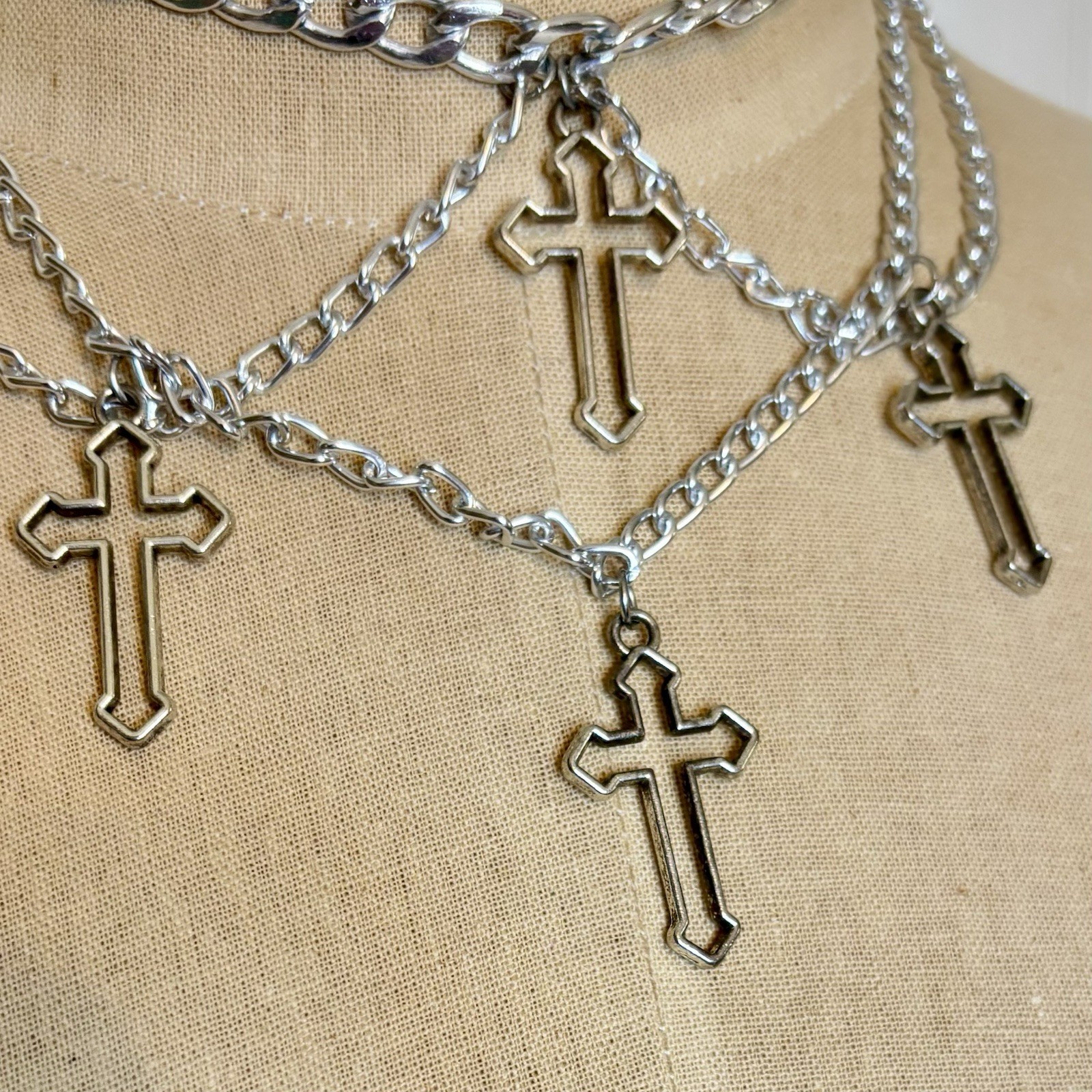 4 Gothic Cross Pendants Choker Silver Tone Necklace Layered Curb/Cuban Chains