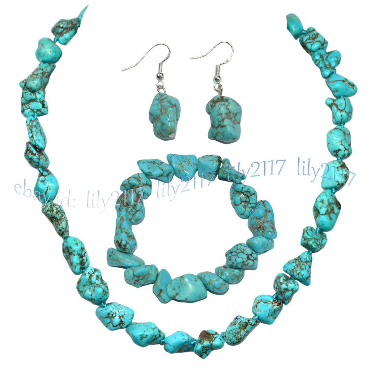 10-15mm Natural Blue Turquoise Irregular Gem Beads Necklace Bracelet Earring Set