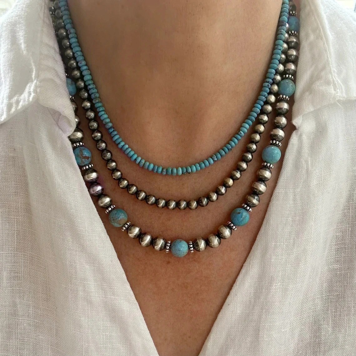 3Pcs Pearl Turquoise Beaded Necklace Set Boho Vintage Choker Women Jewelry