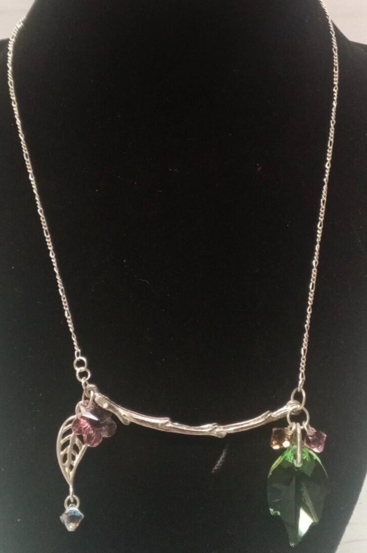 18″ Silver Tone Stamped 925 Green Pink Crystal Glass Flower Leaf Branch Necklace