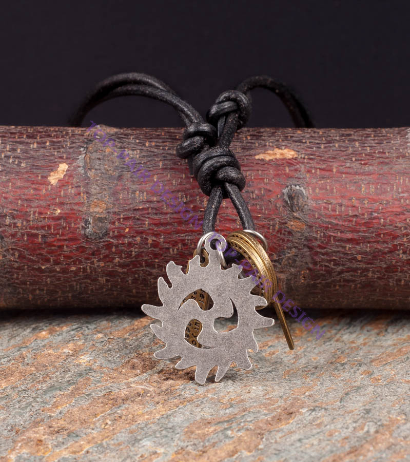 Adjustable Black Fire Sun Pendant Men’s Genuine Leather Cord Collar Necklace