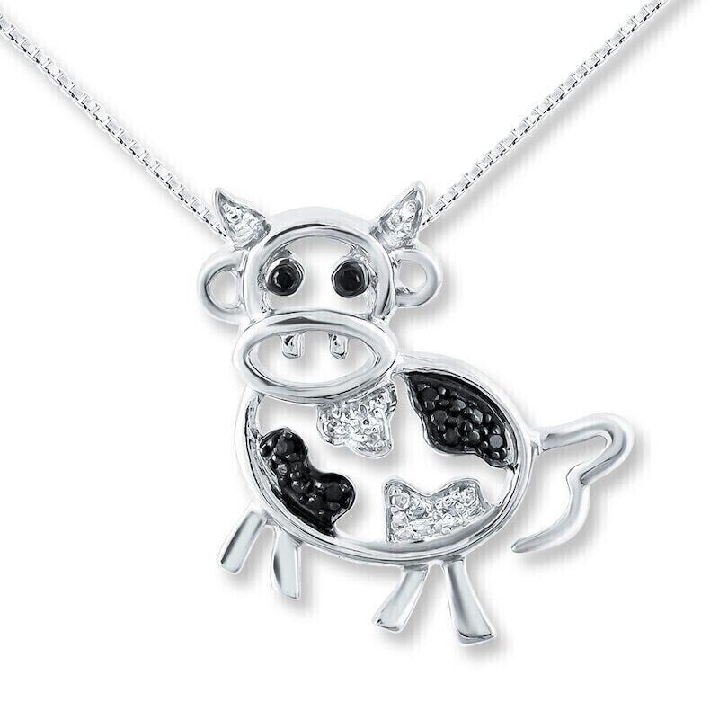 Natural Moissanite Cow Pendant Necklace BlackWhite 925 Sterling Silver 18″ Chain