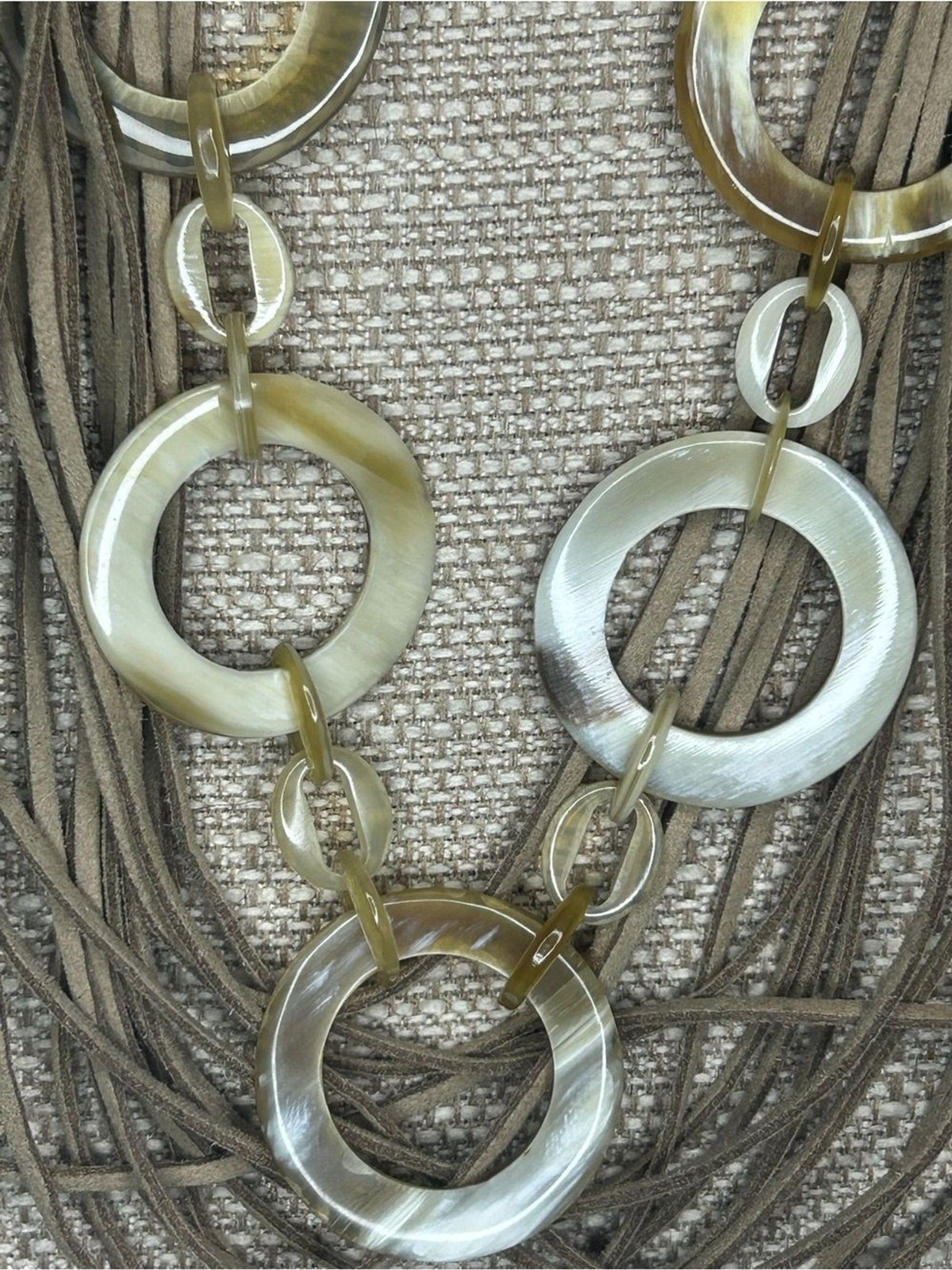 Tassel Multi-Strand Taupe Necklace with Gold & Cream Rings