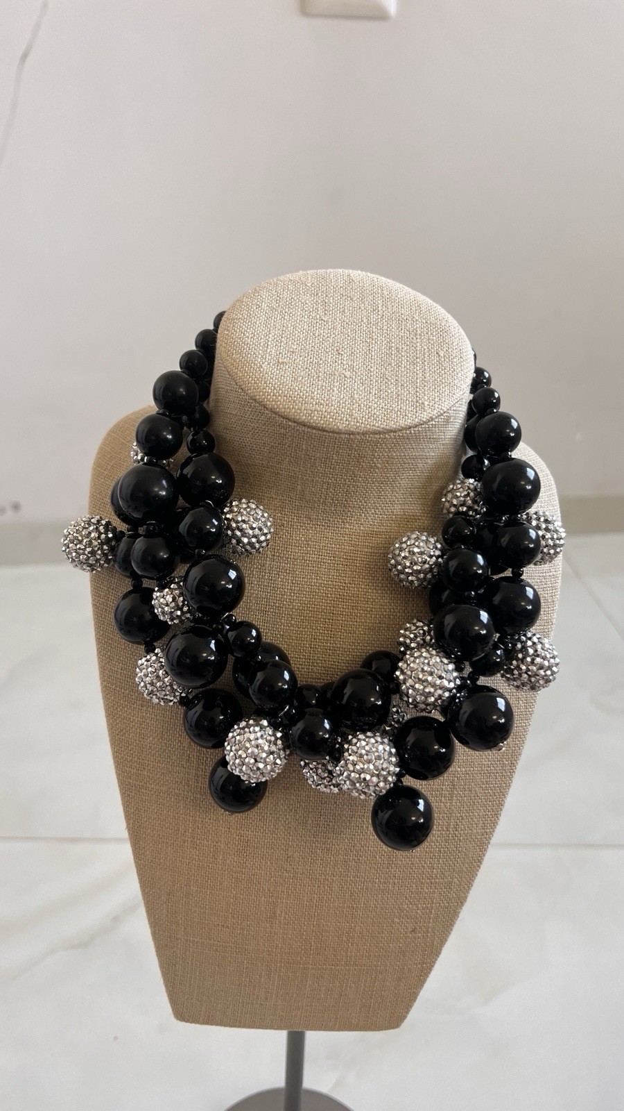 kenneth jay lane necklace black bead crystal ball statement bib signed