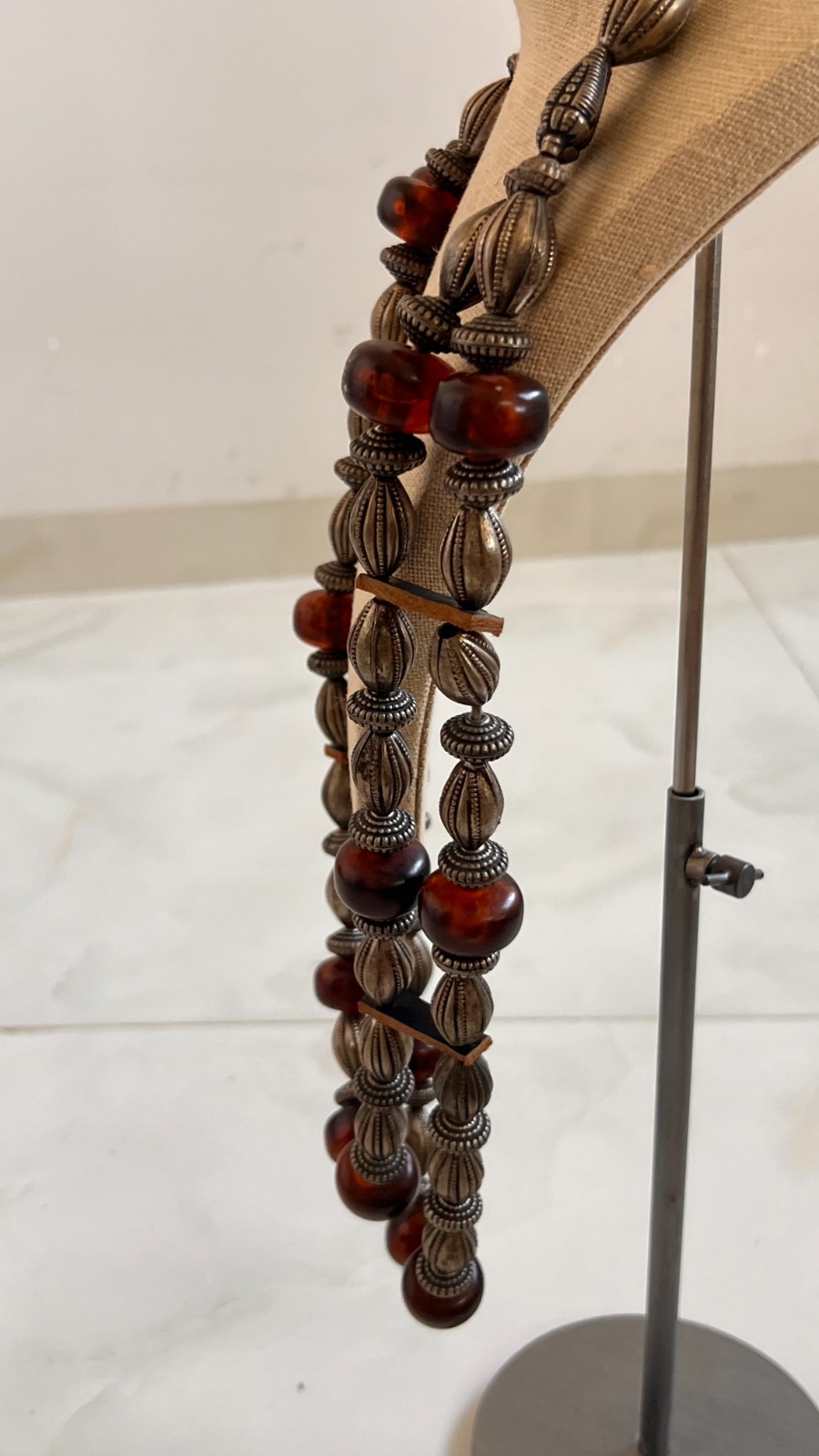 long statement double strands vintage silver necklace with amber and leather
