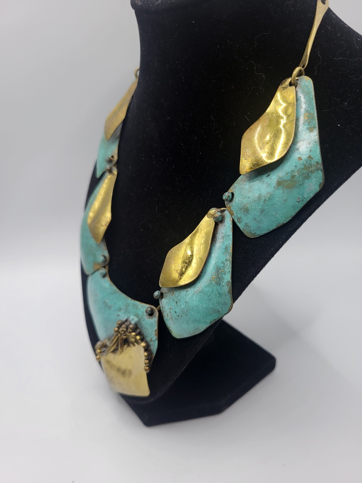 Signed Artisanal Mixed-Metal Bib Necklace Textured Verdigris Patina Gold Tone