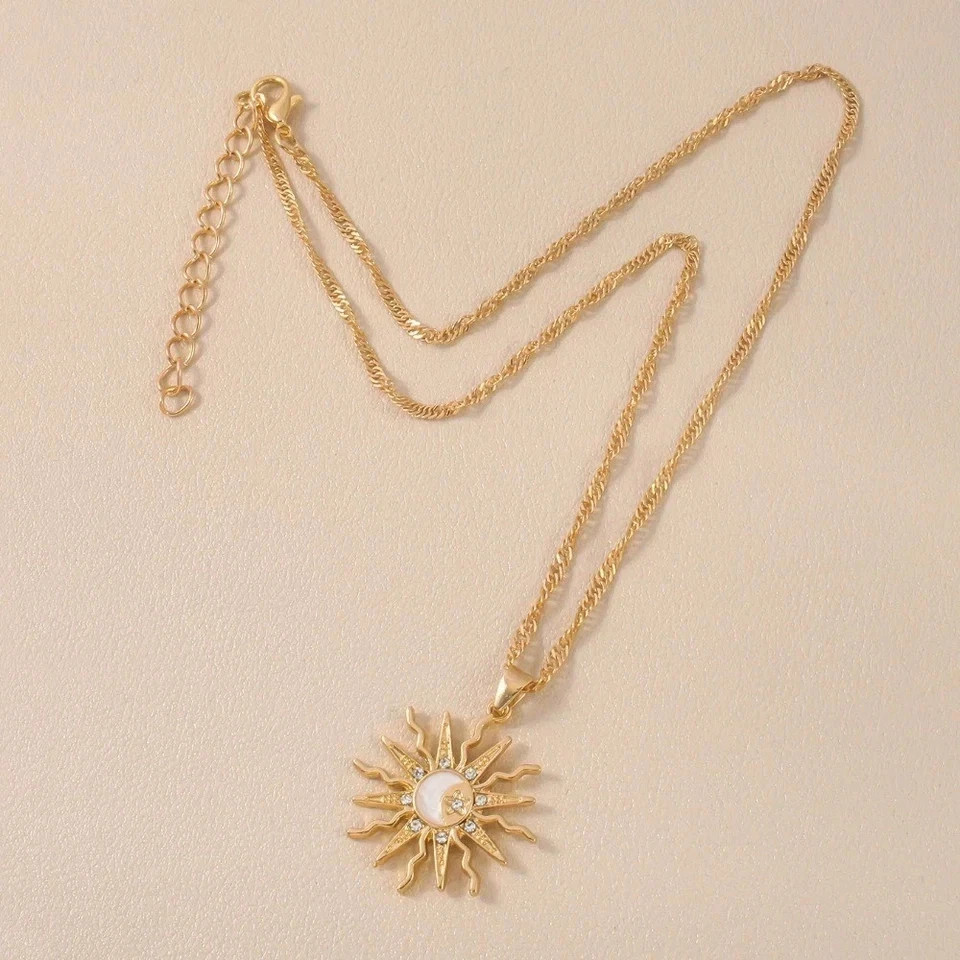 Sun Moon Star Rhinestone Pendant Necklace Retro Women Party Jewelry Gift Charm