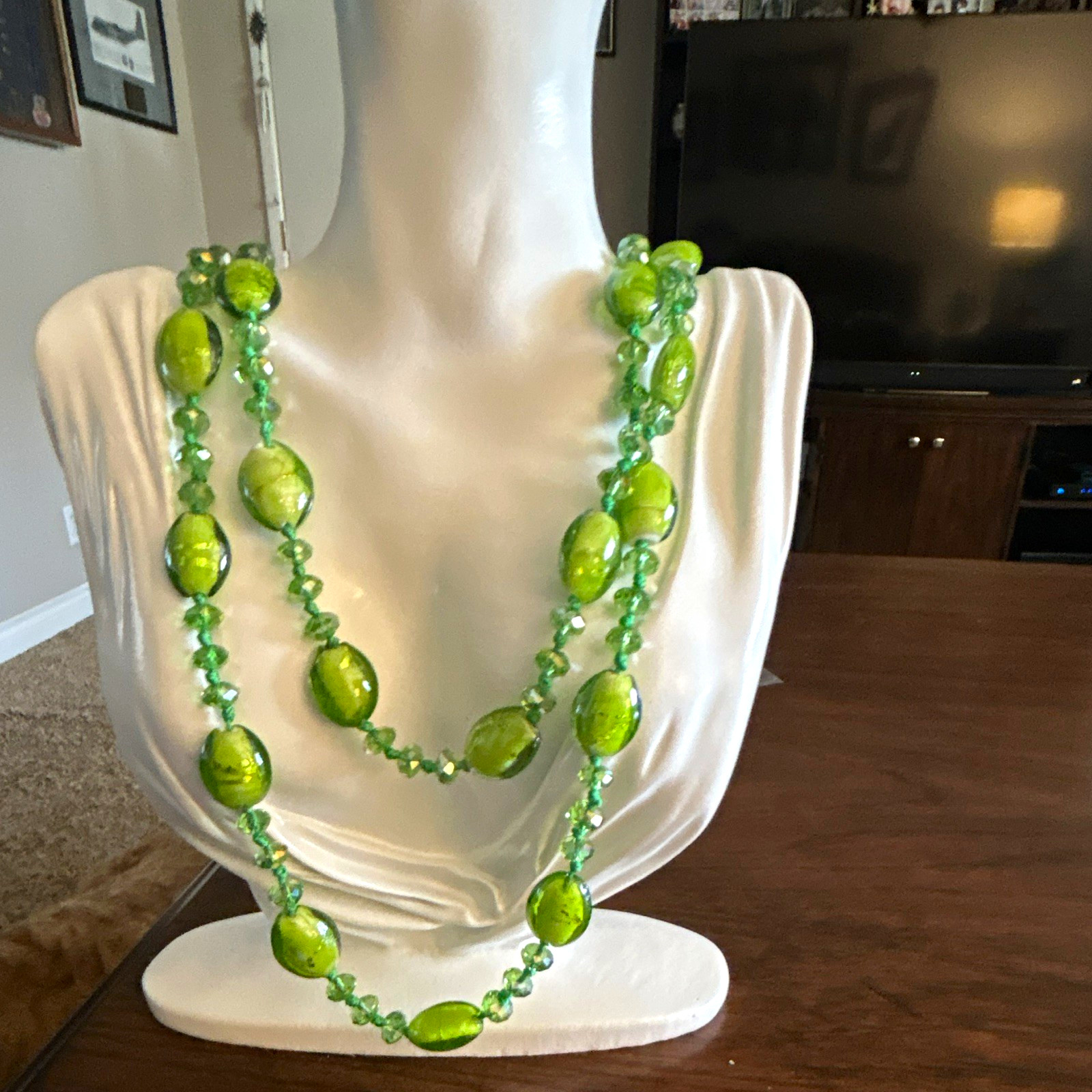 Peridot Green Oval Glass and Crystal 46” Statement Necklace.