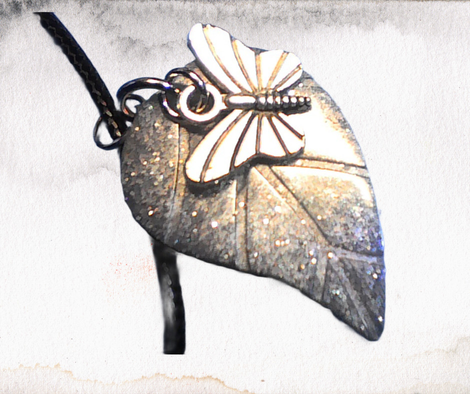 Handmade Leaf Resin Pendant Necklace Silver Butterfly Charm Black Cord 18″