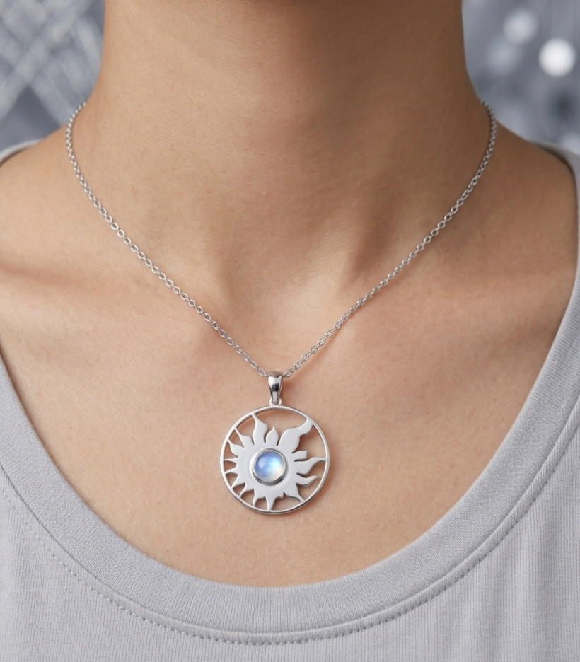 Celestial Sun Design Brass Moonstone Pendent Gold Color Crafted Comes With Chain