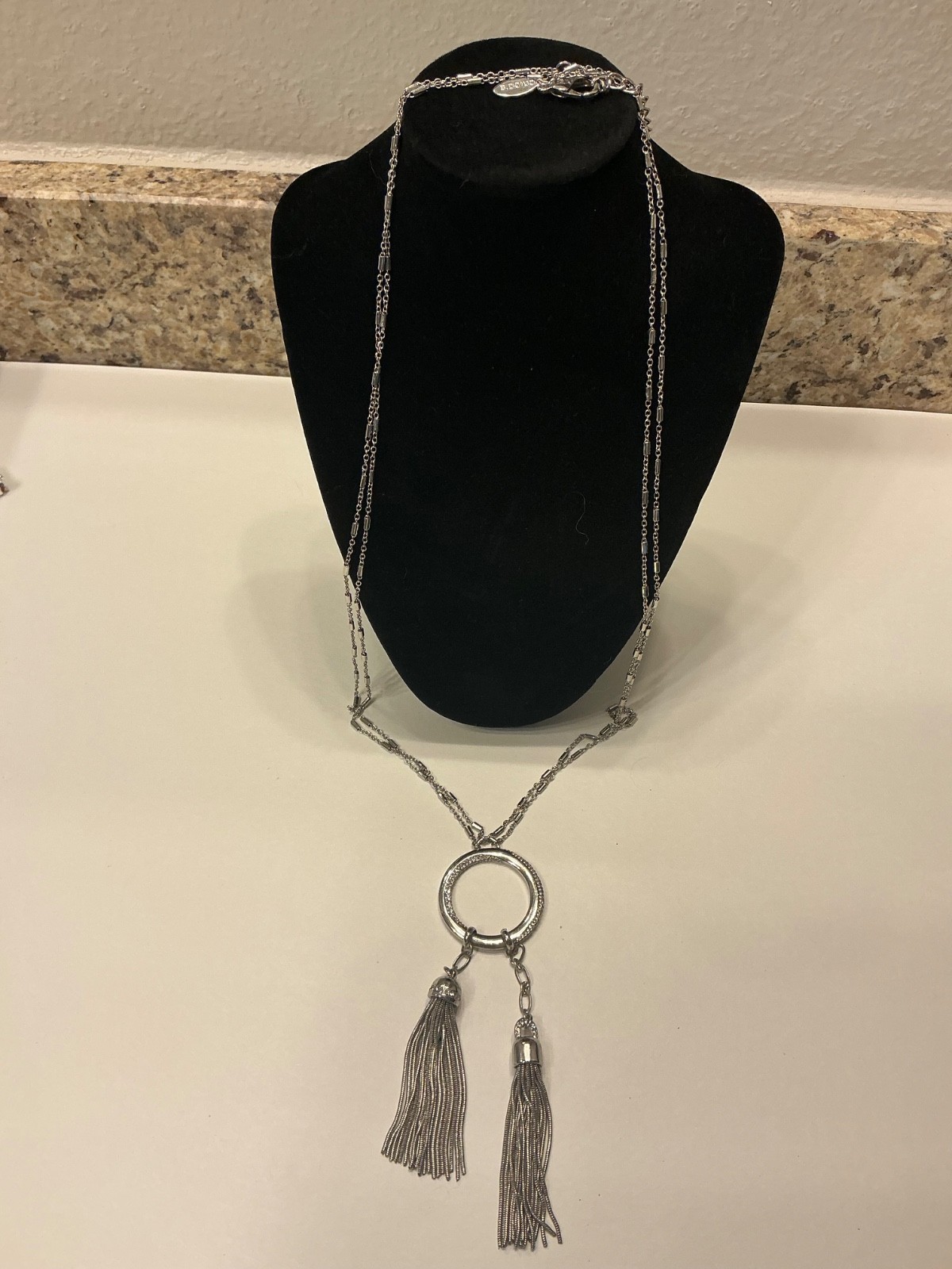 Chico’s Long Silver Tone Rhinestone Circle Double Tassel Statement Necklace Boho
