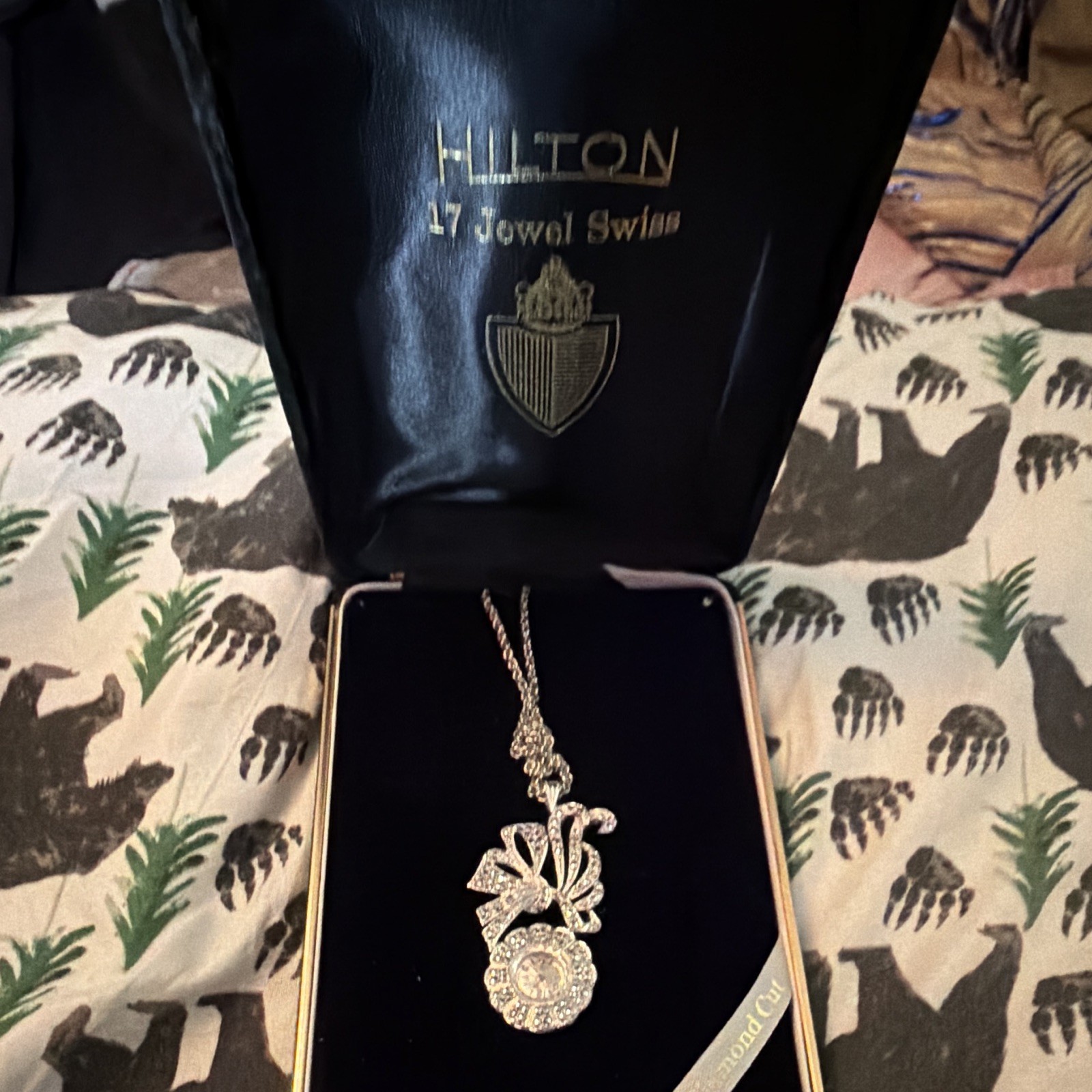 Hilton Swiss 17 Jewel Rope Chain Pendant Necklace Silver Tone Round Crystal