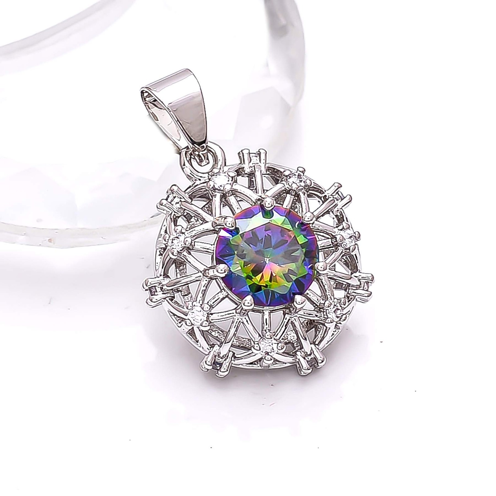 Rainbow Mystic Fire Topaz & CZ Gemstone 925 Sterling Silver Pendant 1.00″ P7866