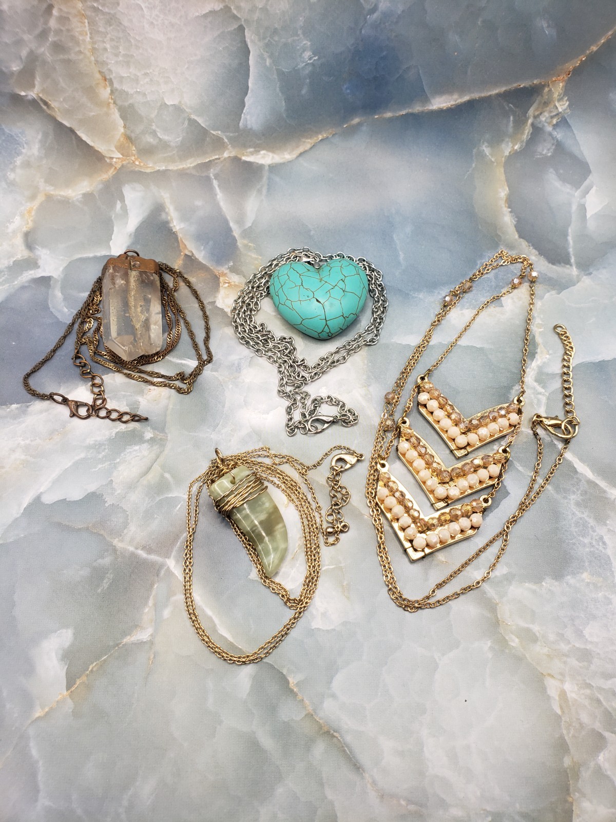 Lot of 4 Statement Pendant Necklaces – Quartz Crystal, Puffy Heart, Green Drop