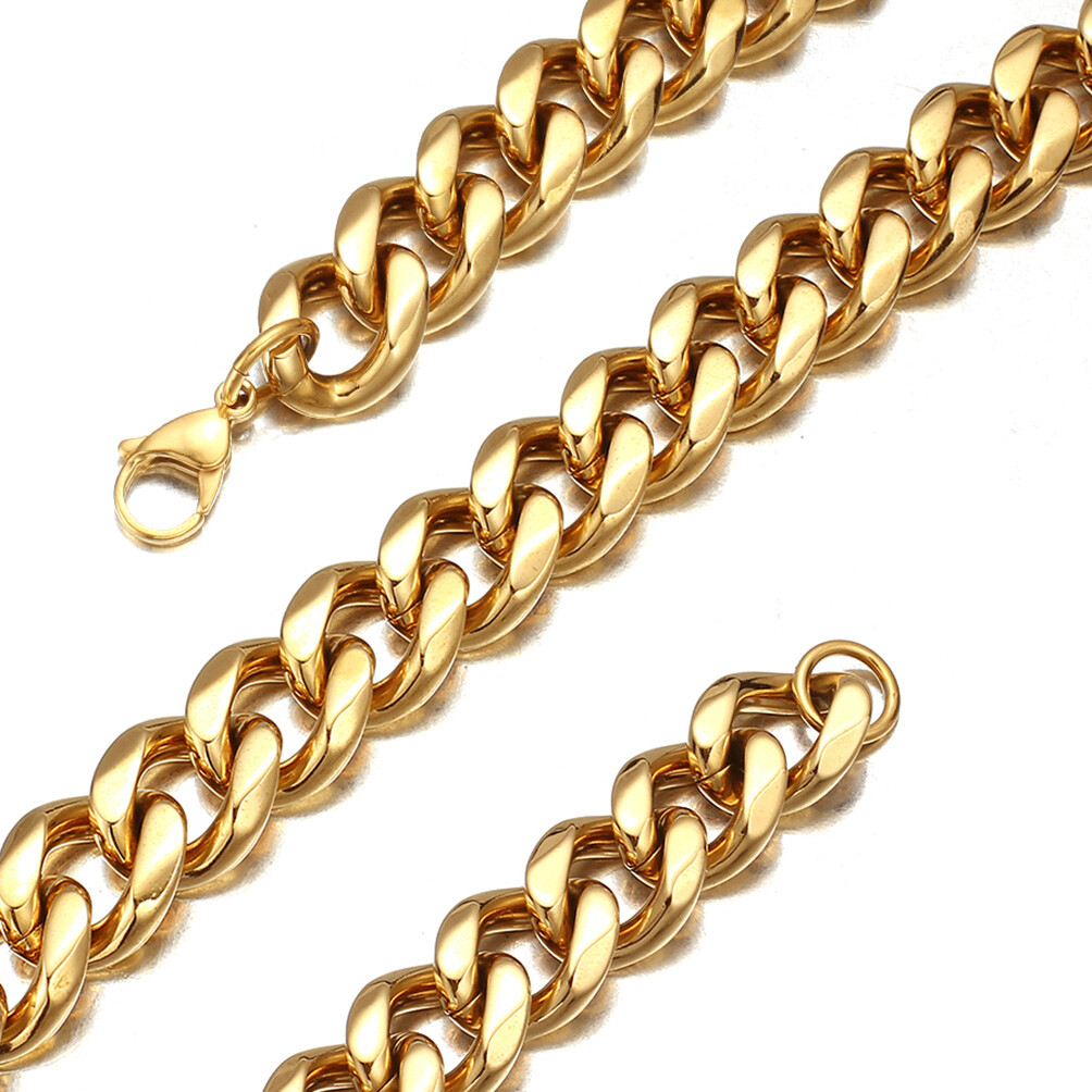 8/10/12/15/17/19mm Stainless Steel Gold Tone Chain Cuban Curb Men Women Necklace