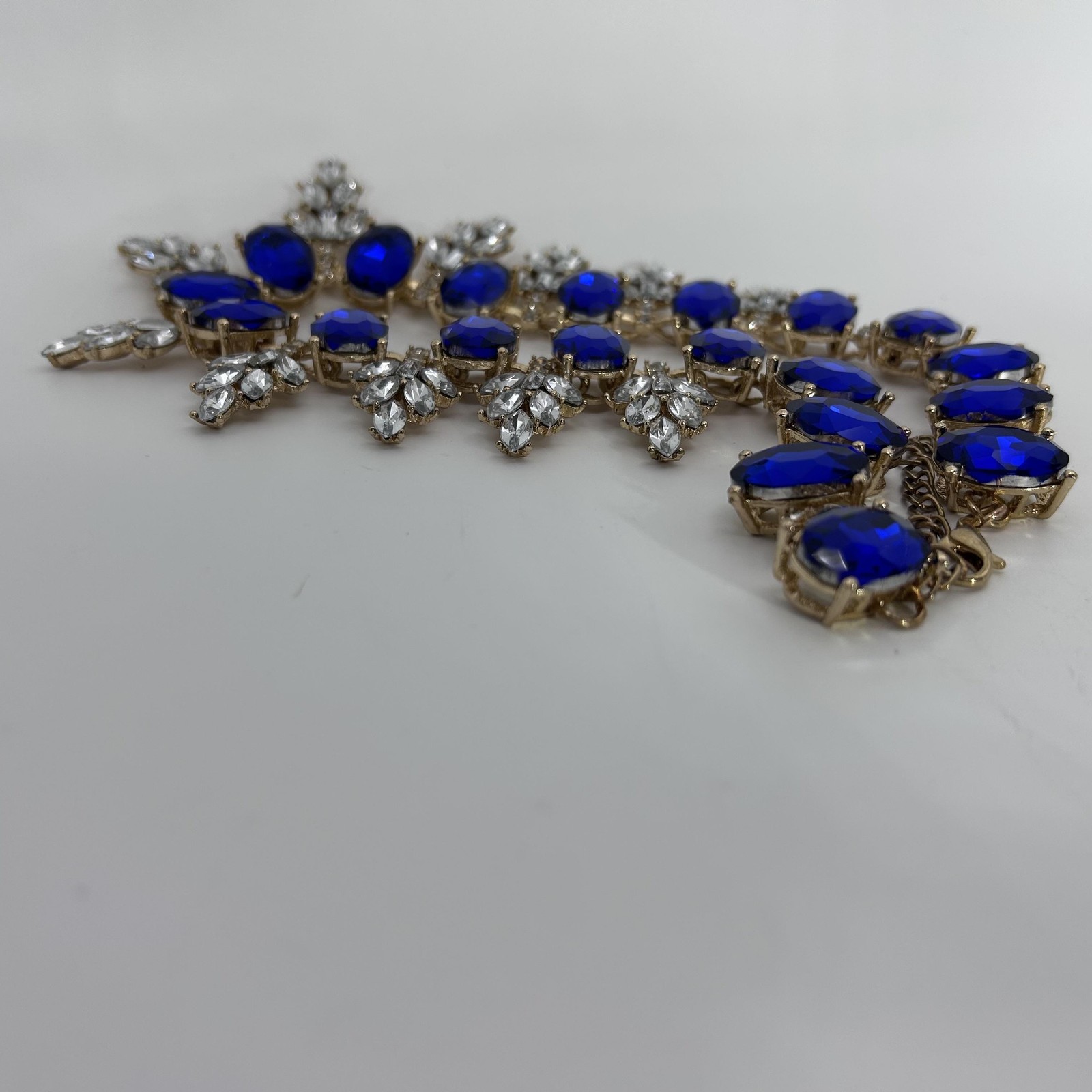 VTG Blue Rhinestone Statement Bib Necklace Gold Tone Crystal Prom Wedding Formal
