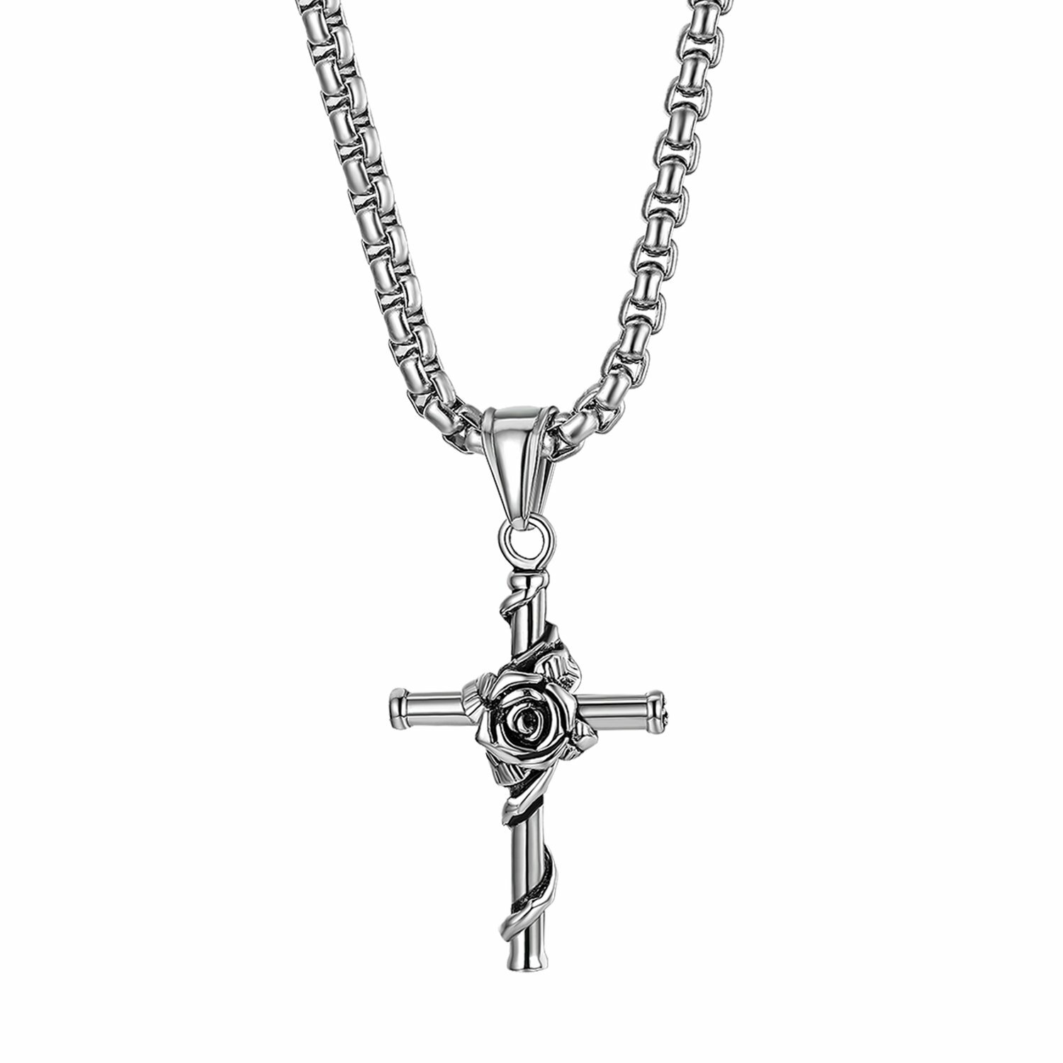 Mens Womens Retro Cast Rose Cross Stainless Steel Pendant Necklace Chain Jewelry