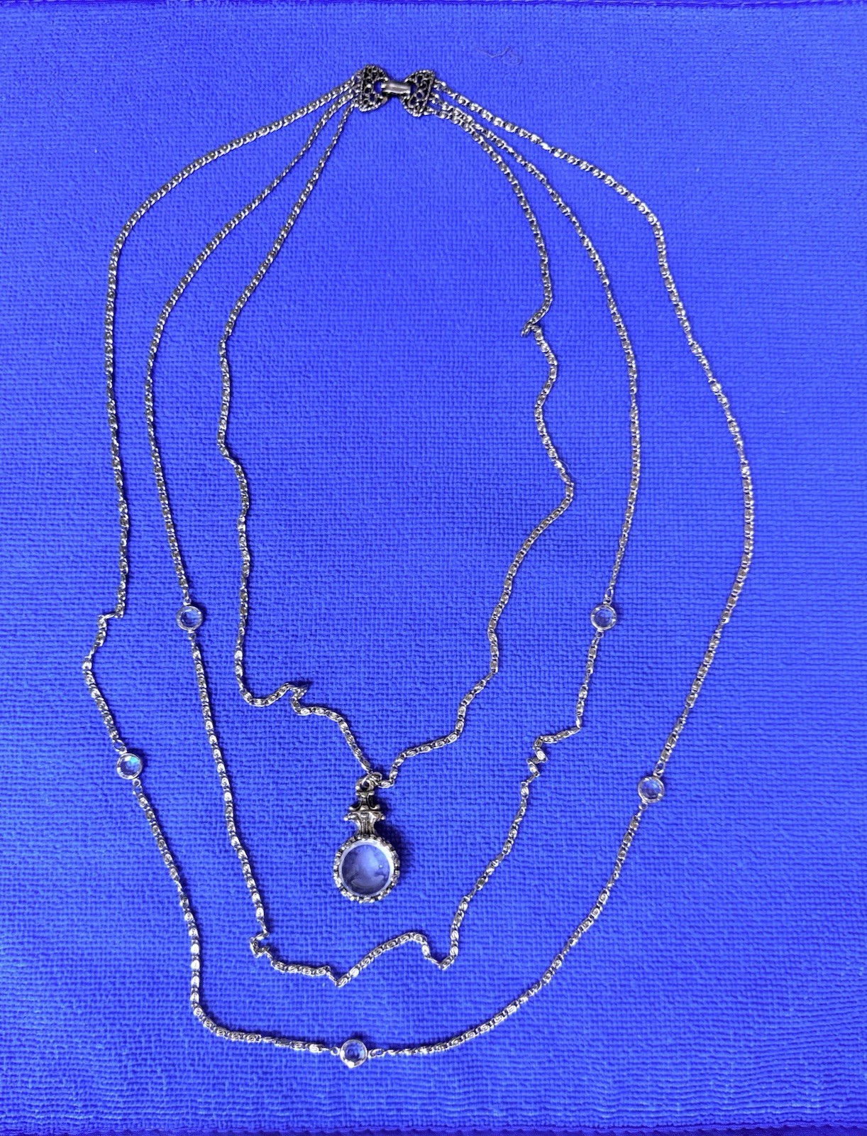 Vintage Silver Tone Metal Chain With Glass Pendant Necklace/ By Goldette