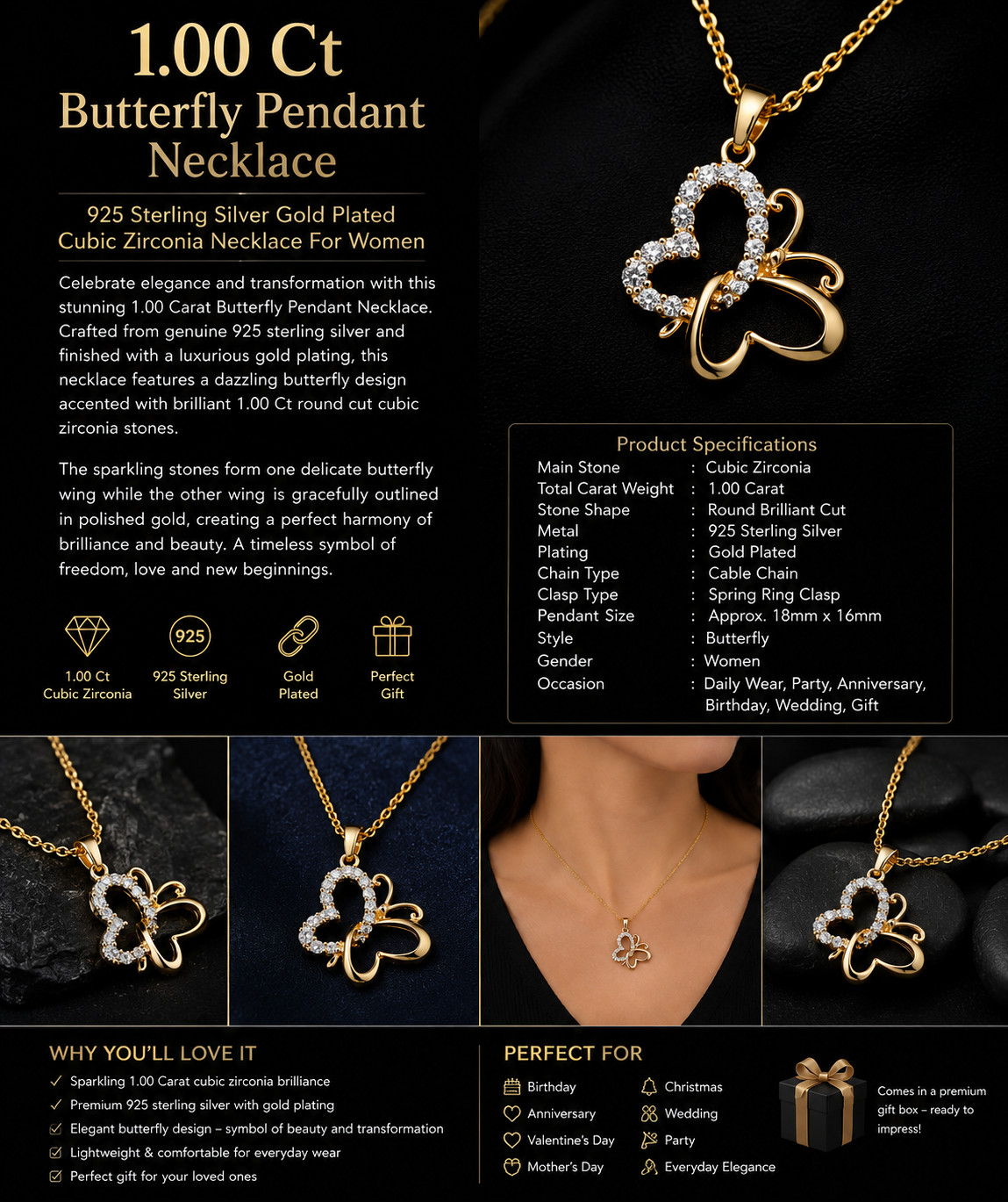 1.00Ct Butterfly Shape Simulated Diamond Pendant Necklace 925 Sterling Silver