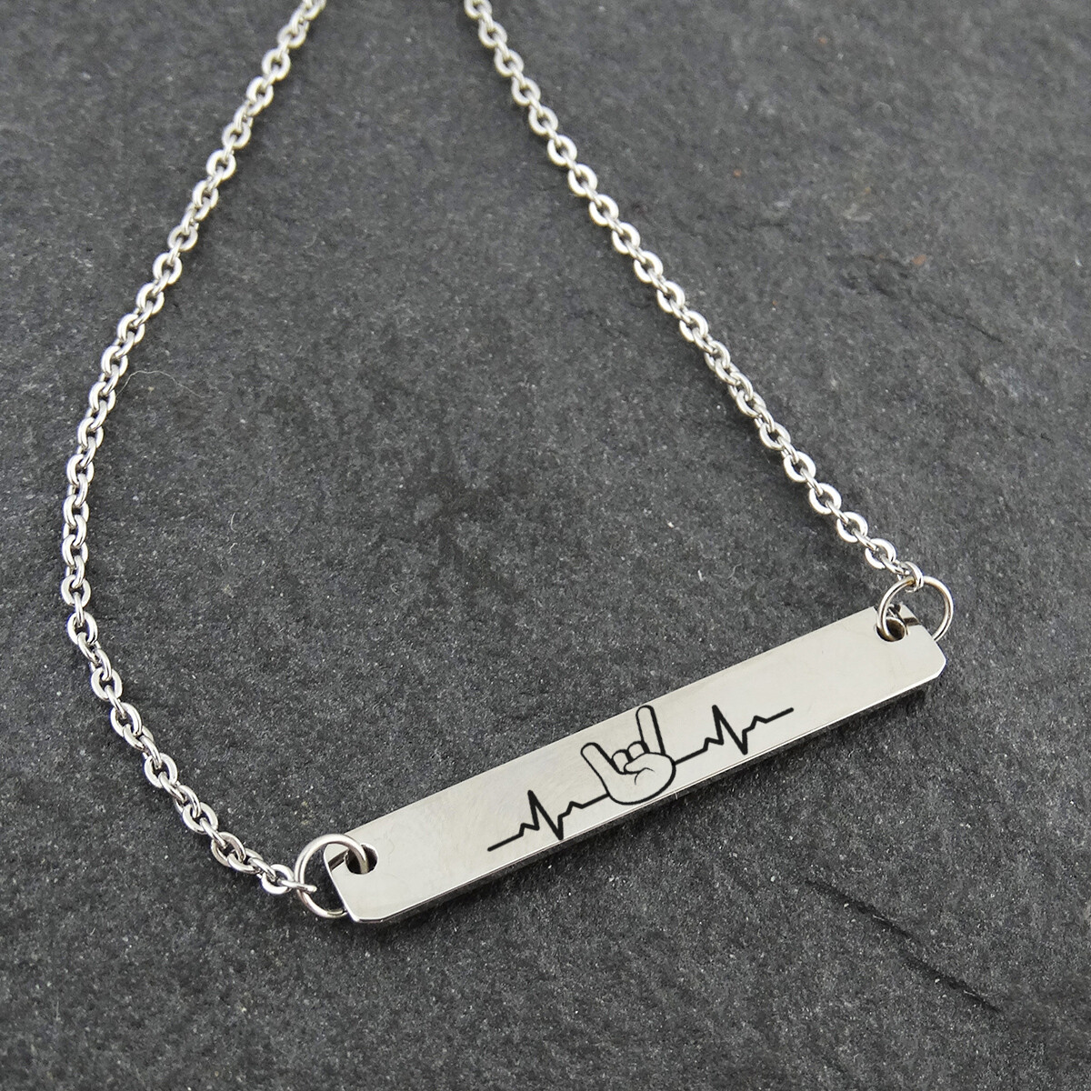 Rock n Roll Horns w/ Heartbeat Bar Necklace Stainless Steel Heavy Metal Music