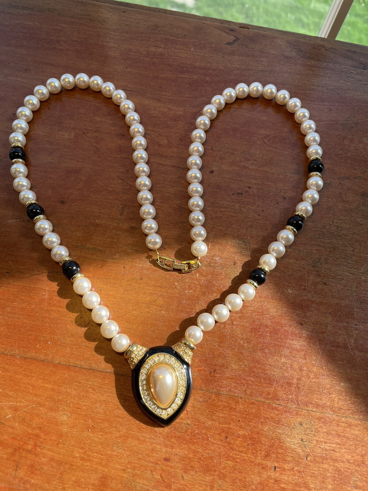 Signed Napier Vintage Faux Pearl, Black bead, & Rhinestone Pendant Necklace 30″