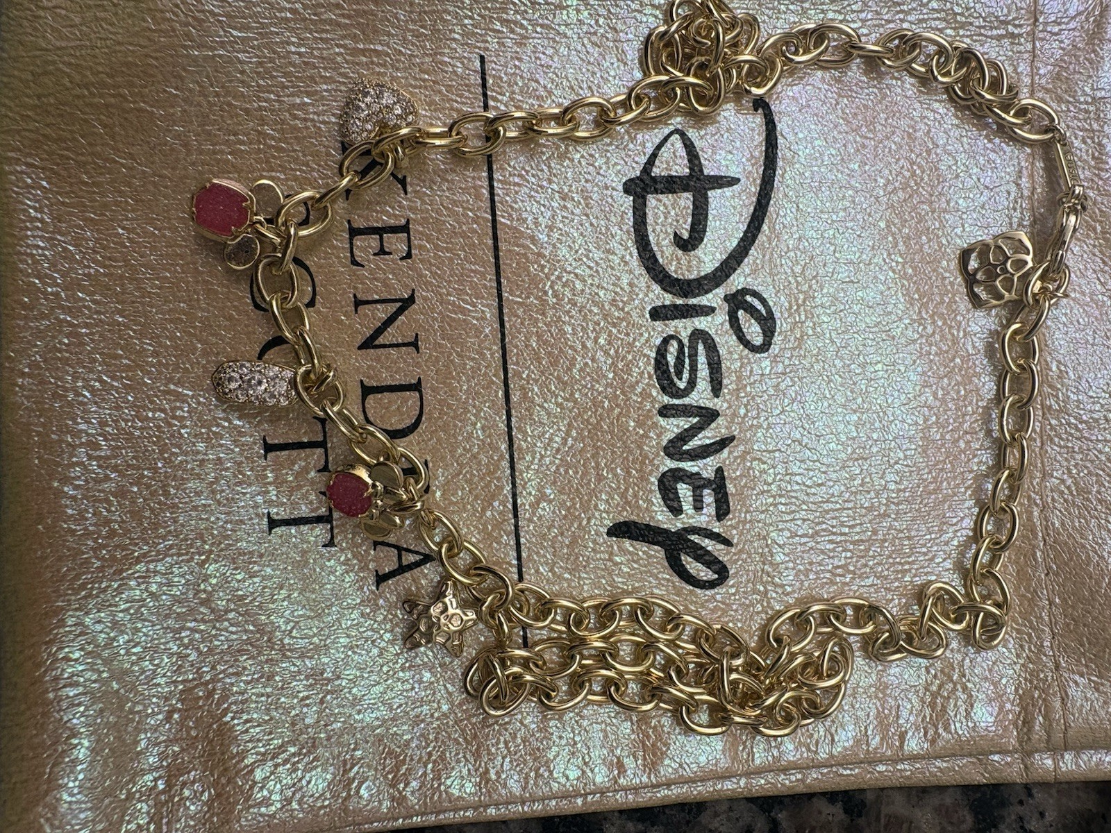 Kendra Scott Disney Mickey & Minnie Mouse Charm Necklace Pink White Gold Tone